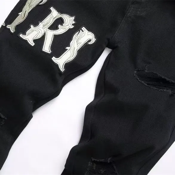 #M02 P168💰 AMIRI patch embroidery jeans trousers AMIRI high street basic ripped tight elastic jeans trousers amiri brand jeans break the production process and cutting of the original jeans, the fabrics are softer and more comfortable Hand-sewn collar label Customized logo buttons Genuine leather tag Color: black Size: 30-32-34-36