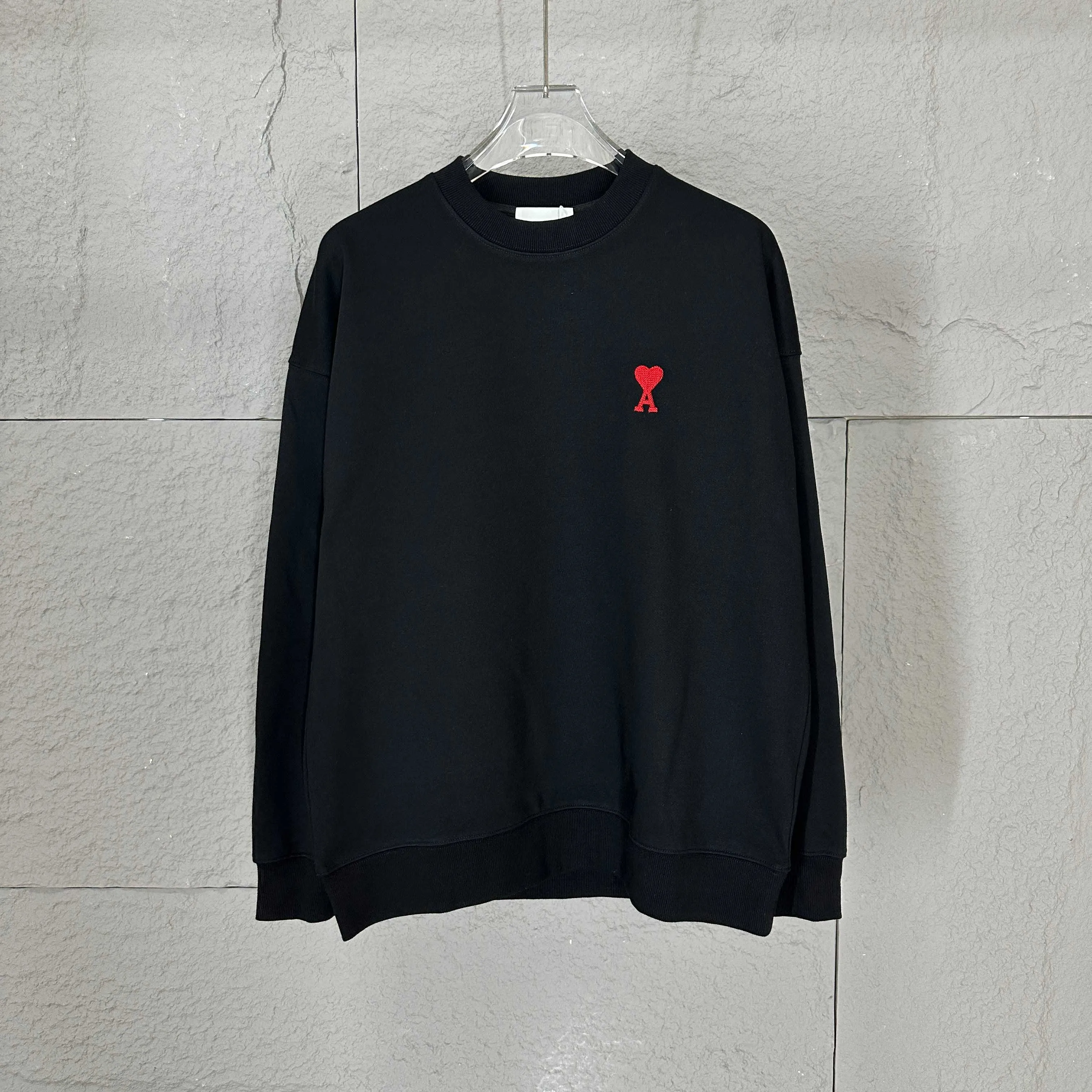 🅿️250 Ami love 2025 early autumn and winter new style Classic simple embroidery three-dimensional small love letter personalized logo Customized terry fabric Long-sleeved T-shirt Uniform for men and women Color: black white Size: S (90-130 pounds) M (120-150 pounds) L (140-165 pounds) XL (160-180 pounds) XXL (180-210 pounds)