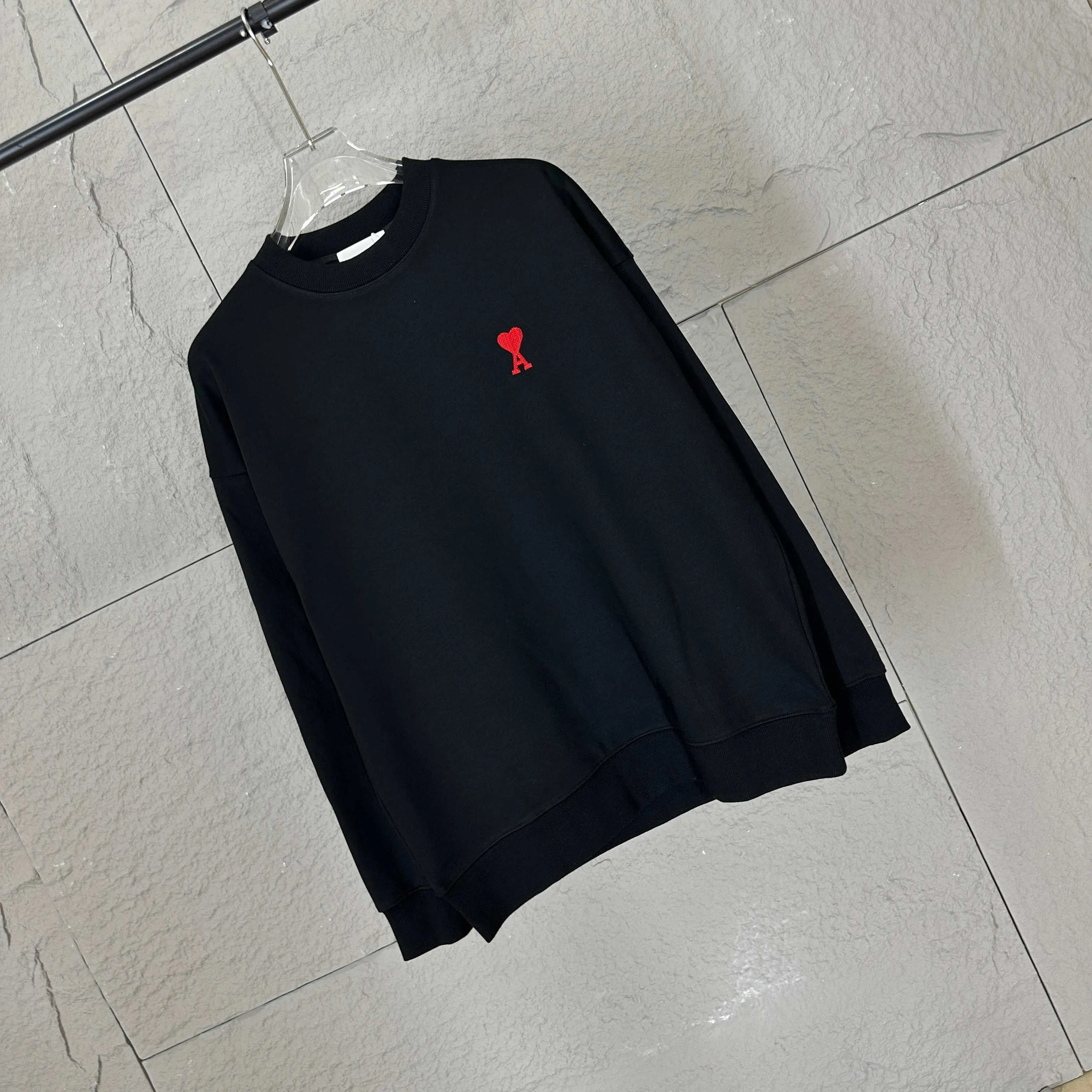 🅿️250 Ami love 2025 early autumn and winter new style Classic simple embroidery three-dimensional small love letter personalized logo Customized terry fabric Long-sleeved T-shirt Uniform for men and women Color: black white Size: S (90-130 pounds) M (120-150 pounds) L (140-165 pounds) XL (160-180 pounds) XXL (180-210 pounds)
