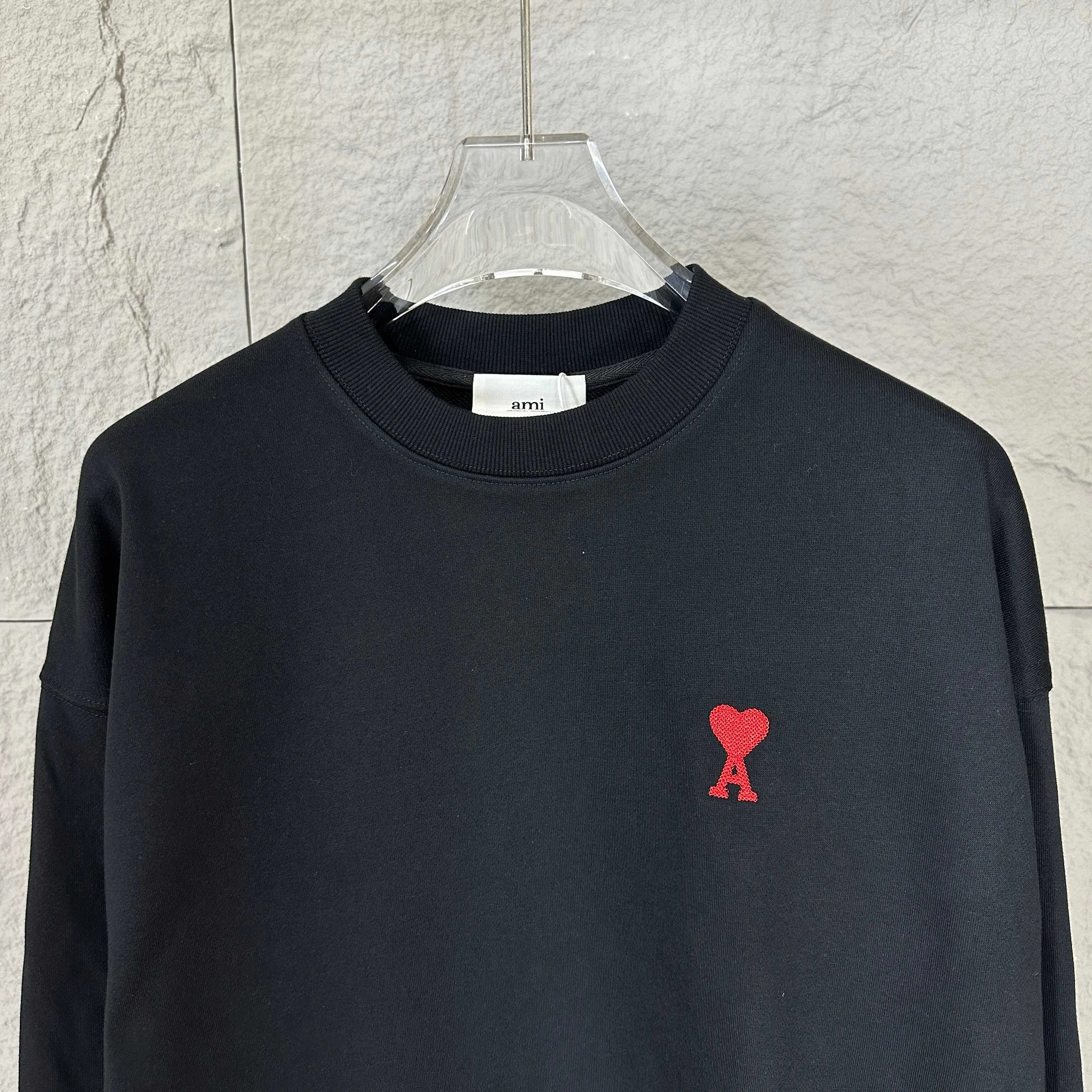 🅿️250 Ami love 2025 early autumn and winter new style Classic simple embroidery three-dimensional small love letter personalized logo Customized terry fabric Long-sleeved T-shirt Uniform for men and women Color: black white Size: S (90-130 pounds) M (120-150 pounds) L (140-165 pounds) XL (160-180 pounds) XXL (180-210 pounds)