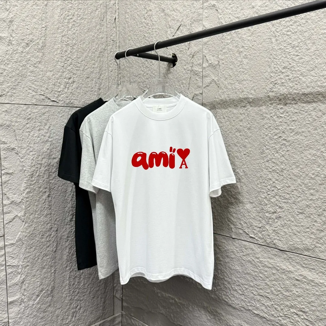 🅿️180 Ami Love 2025 Spring and Summer Style Classic and simple red flocking three-dimensional love letter personalized logo Customized double yarn plain cotton fabric Short-sleeved T-shirt Unisex Color: Black White Size: S (90-130 catties) M (120-150 catties) L (140-165 catties) XL (160-180 catties) XXL (180-210 pounds)