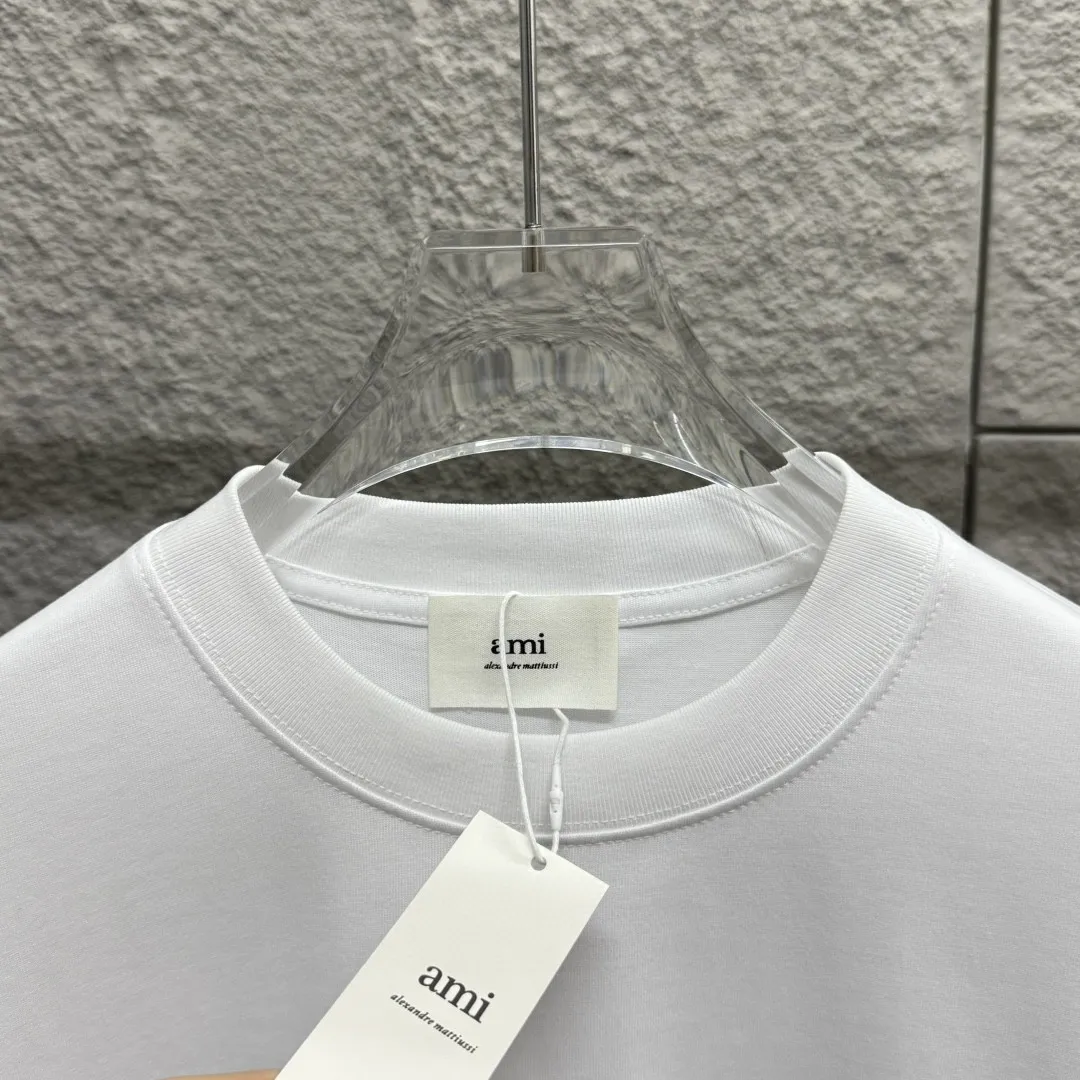 🅿️180 Ami Love 2025 Spring and Summer Style Classic and simple red flocking three-dimensional love letter personalized logo Customized double yarn plain cotton fabric Short-sleeved T-shirt Unisex Color: Black White Size: S (90-130 catties) M (120-150 catties) L (140-165 catties) XL (160-180 catties) XXL (180-210 pounds)