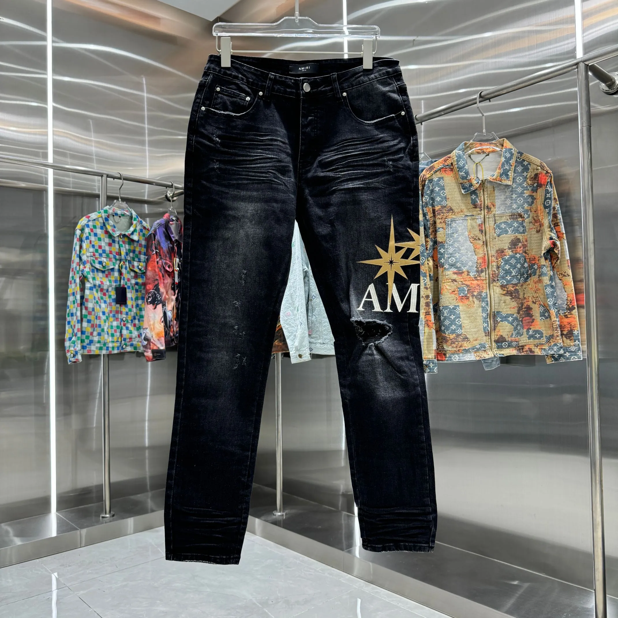 P280 Amiri ripped letter embroidery craft street fashion slim fit stretch jeans Color Black Size 30 32 34 36 38