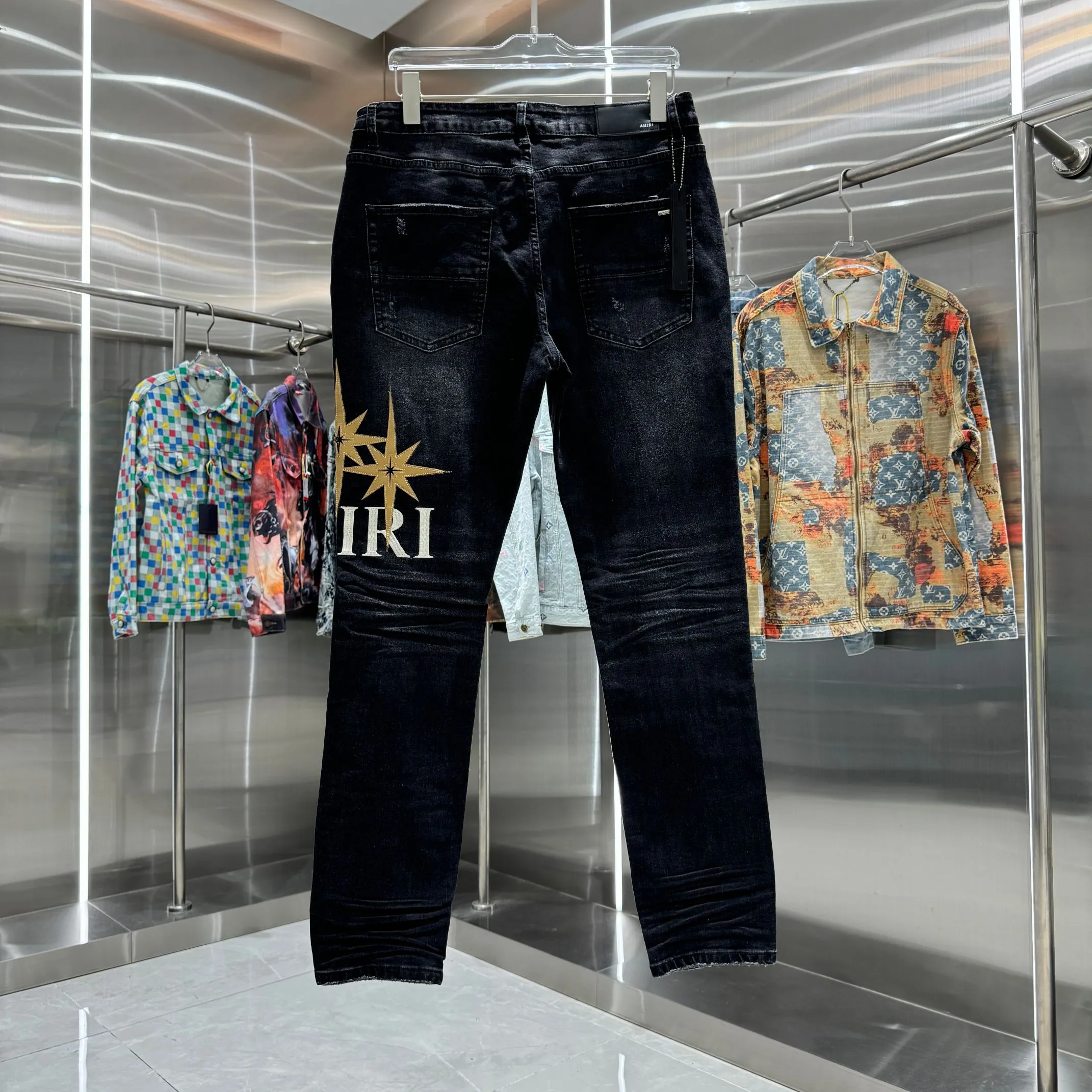 P280 Amiri ripped letter embroidery craft street fashion slim fit stretch jeans Color Black Size 30 32 34 36 38