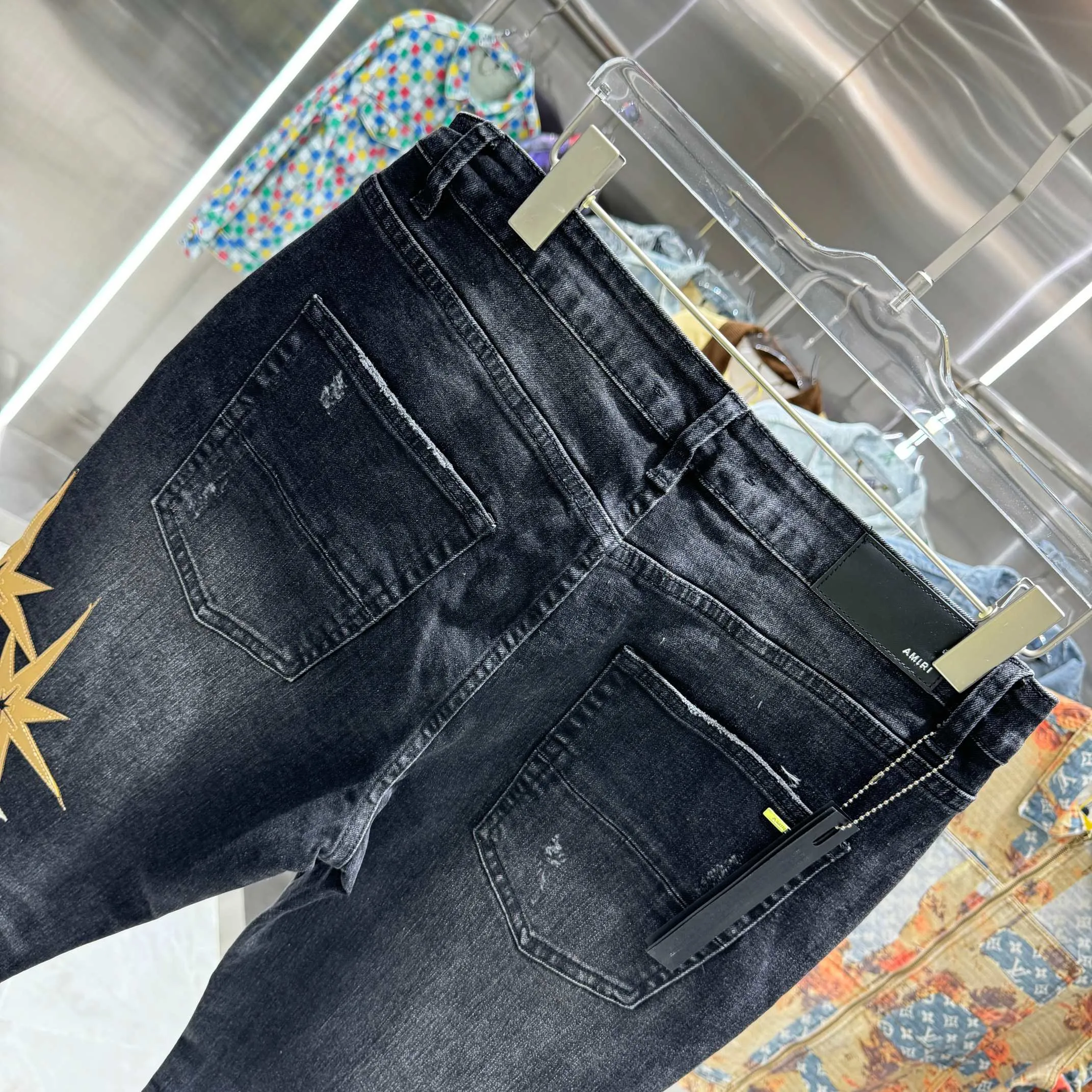 P280 Amiri ripped letter embroidery craft street fashion slim fit stretch jeans Color Black Size 30 32 34 36 38