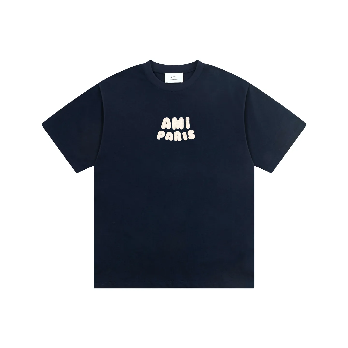 1229# AMI PARIS 25SS early spring new product crochet letter knitting micro label short-sleeved T-shirt customized 230g double yarn pure cotton fabric matching 280G rib YP replica new main wheat washable wheat QR code can be scanned same style for men and women Color: Baolan apricot Code number: S-XL