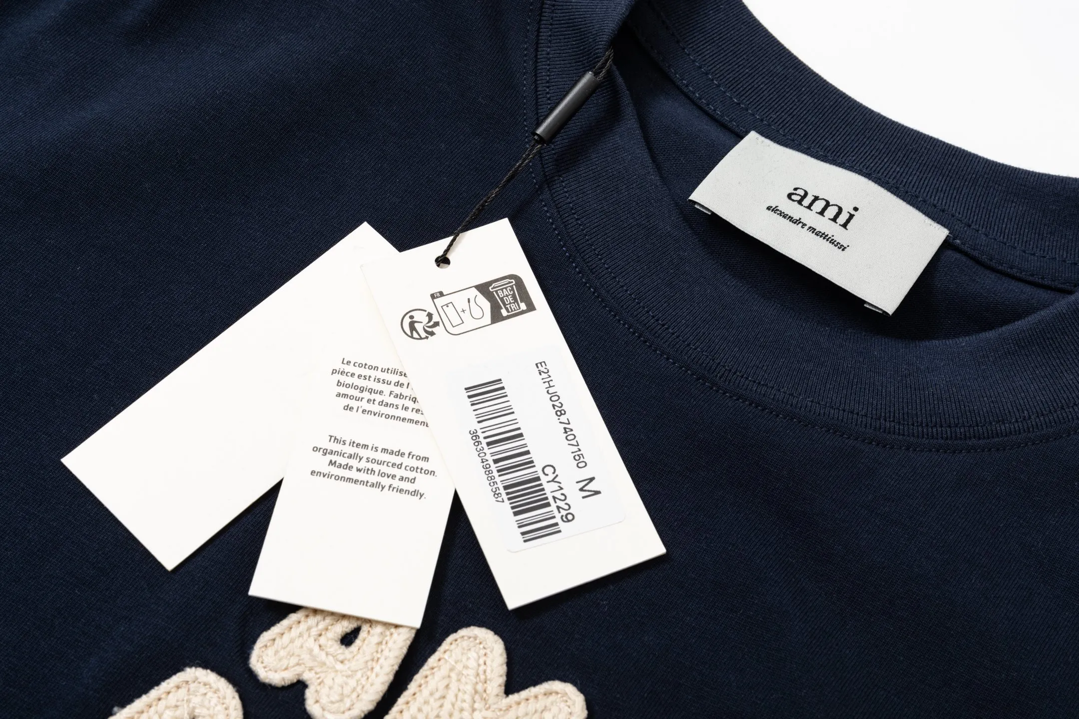 1229# AMI PARIS 25SS early spring new product crochet letter knitting micro label short-sleeved T-shirt customized 230g double yarn pure cotton fabric matching 280G rib YP replica new main wheat washable wheat QR code can be scanned same style for men and women Color: Baolan apricot Code number: S-XL