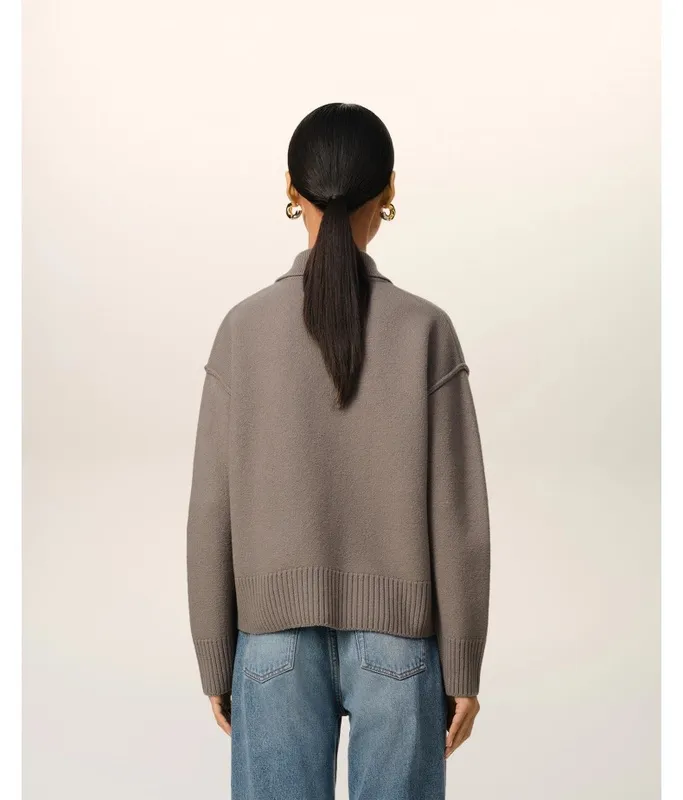 Ami Paris2025 early spring new product big love ADC jacquard wool patchwork reverse sleeve technology Ami De Coeur polo collar pullover sweater same style for men and women Oversize version Color: light gray lilac Size: S-XL