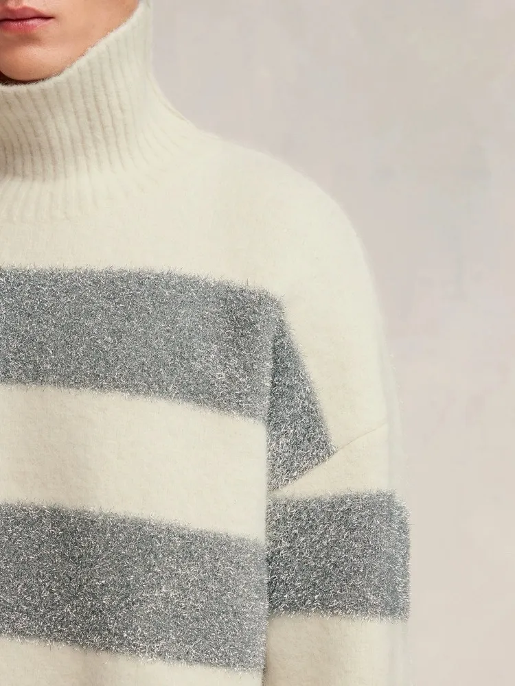 P200 A8150# [Christmas Capsule Series] AMI Paris 2024 new autumn and winter high-neck striped alpaca blend soft and waxy feel knitted crew neck sweater Oversize version for men and women Color: off-white Size: S-XL
