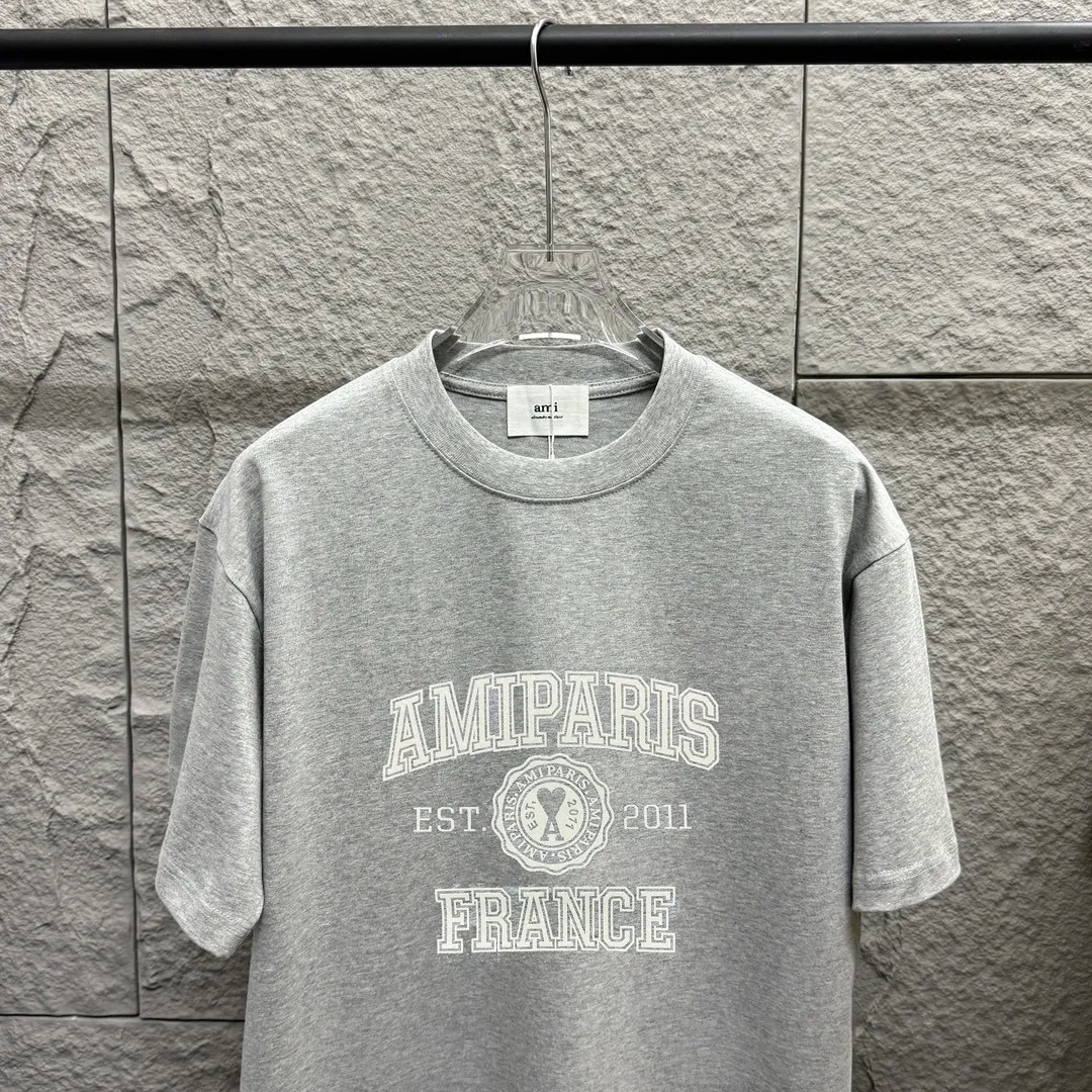 🅿️180 Ami* 2025 spring and summer new style Ami letter flocking technology Customized double yarn plain cotton fabric Short-sleeved T-shirt Uniform for men and women Color: black white floral gray Size: S (90-130 catties) M (120-150 catties) L (140-165 catties) XL (160-180 catties) XXL (180-210 pounds)