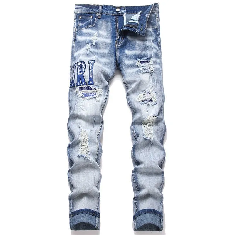 P168 💰 AMIRI patch embroidery jeans trousers AMIRI high street basic ripped tight elastic jeans trousers amiri brand jeans break the production process and cutting of the original jeans, the fabrics are softer and more comfortable Hand-sewn collar label Customized logo buttons Genuine leather tag Color: Picture color Size: 30-32-34-36