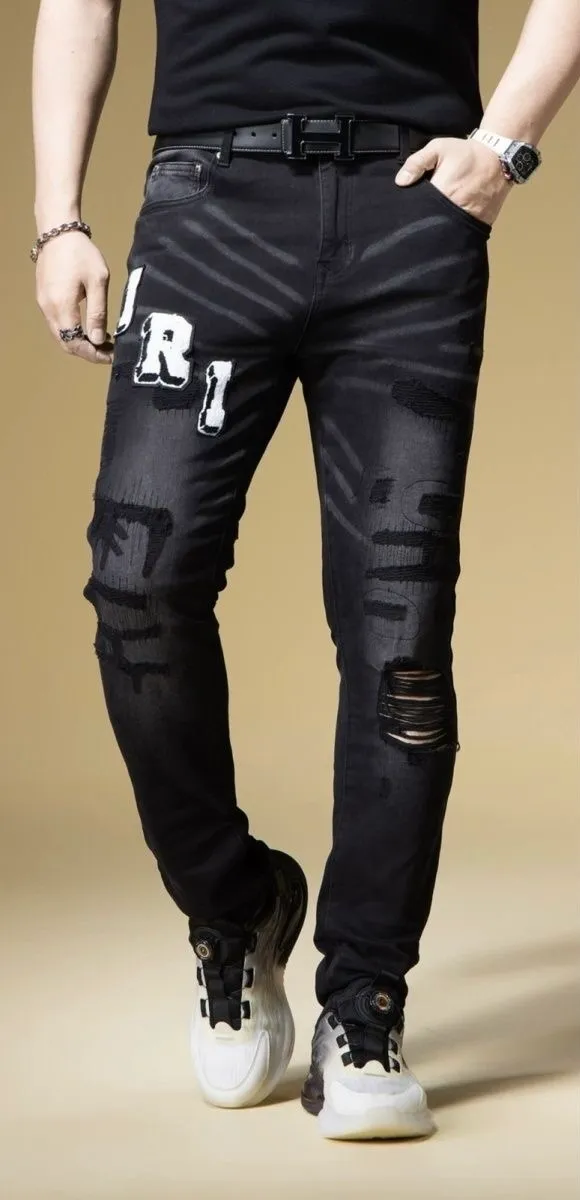 #M70 P168💰 AMIRI patch embroidery jeans trousers AMIRI high street basic ripped tight elastic jeans trousers amiri brand jeans break the production process and cutting of the original jeans, the fabrics are softer and more comfortable Hand-sewn collar label Customized logo buttons Genuine leather tag Color: Picture color Size: 30-32-34-36