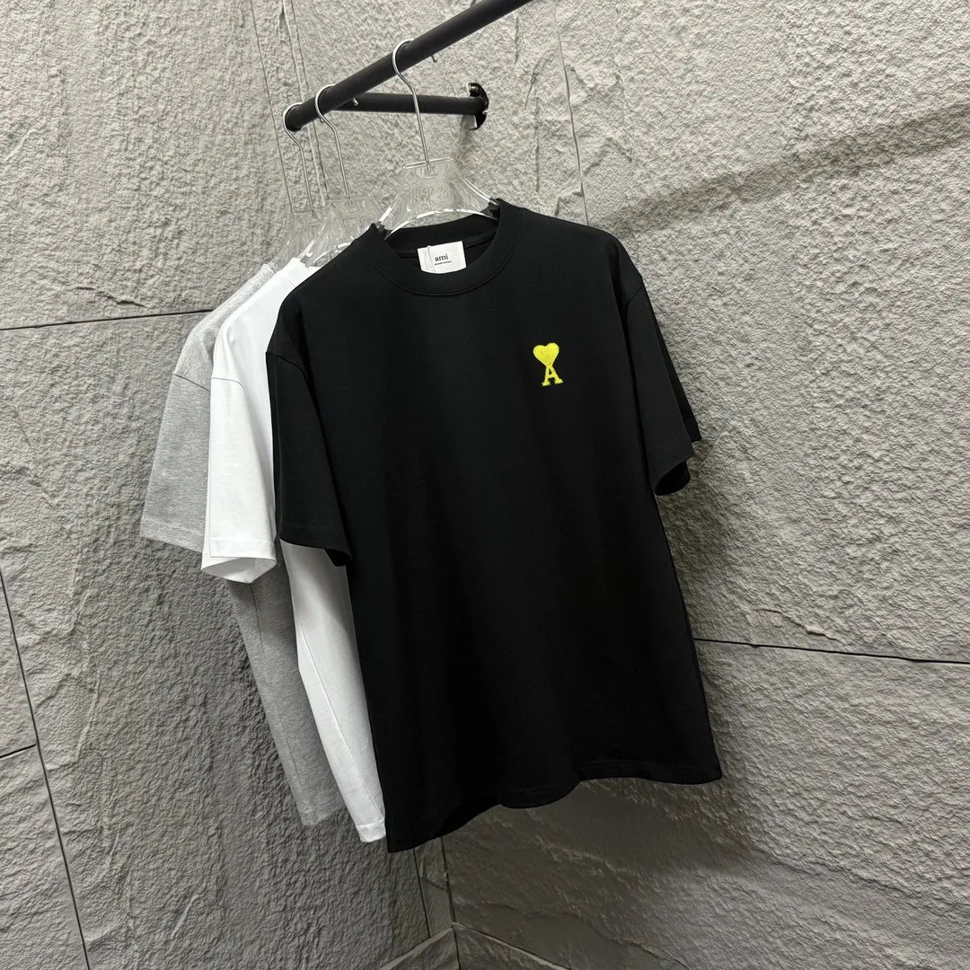 🅿️180 Ami* 2025 Spring and Summer New Style Embroidered yellow little love Customized double yarn plain cotton fabric Short-sleeved T-shirt Uniform for men and women Color: Black White Floral Gray Angora Red Size: S (90-130 catties) M (120-150 catties) L (140-165 catties) XL (160-180 catties) XXL (180-210 pounds)