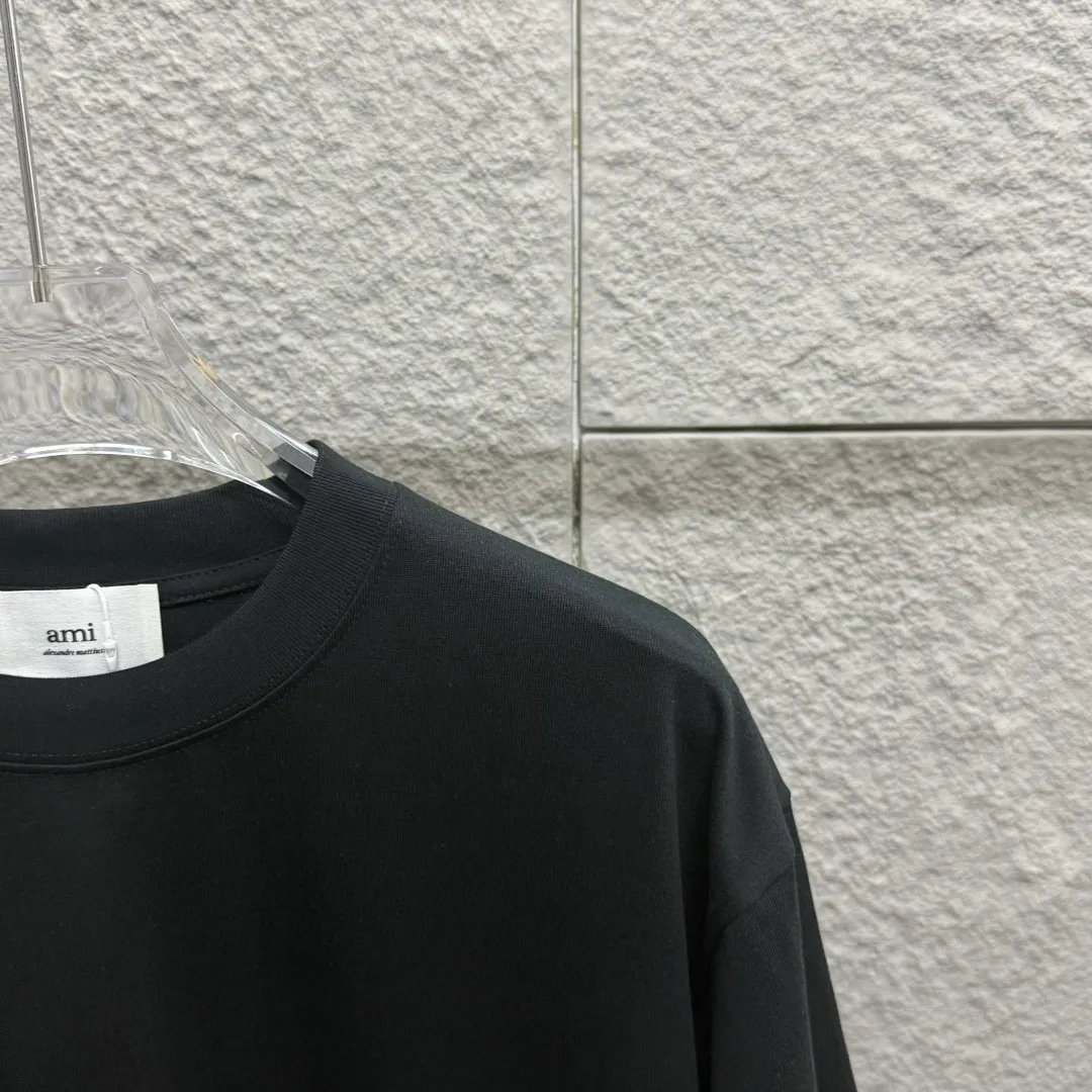 🅿️180 Ami* 2025 Spring and Summer New Style Embroidered yellow little love Customized double yarn plain cotton fabric Short-sleeved T-shirt Uniform for men and women Color: Black White Floral Gray Angora Red Size: S (90-130 catties) M (120-150 catties) L (140-165 catties) XL (160-180 catties) XXL (180-210 pounds)