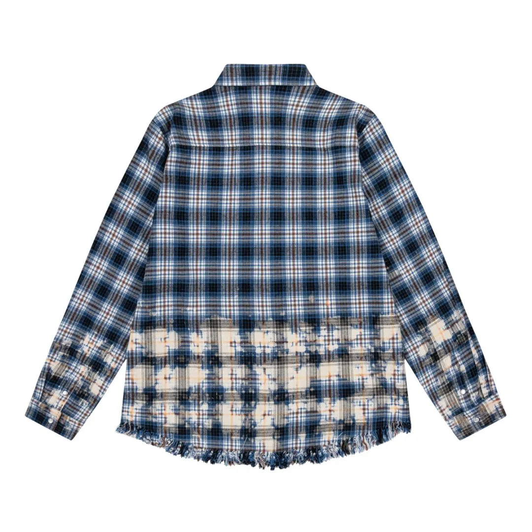 7097-1#P300AMIRI hardware logo, casual plaid shirt with acid splash raw edge technology, color: blue, size: S M L XL