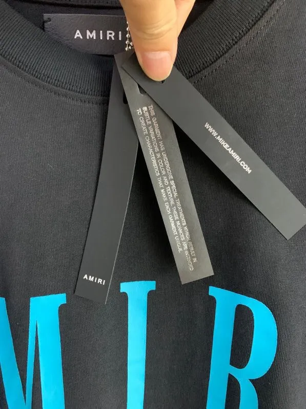 Model 661 P114 AMIRI real shot, black printed with blue letters, hanging S. M. L. XL
