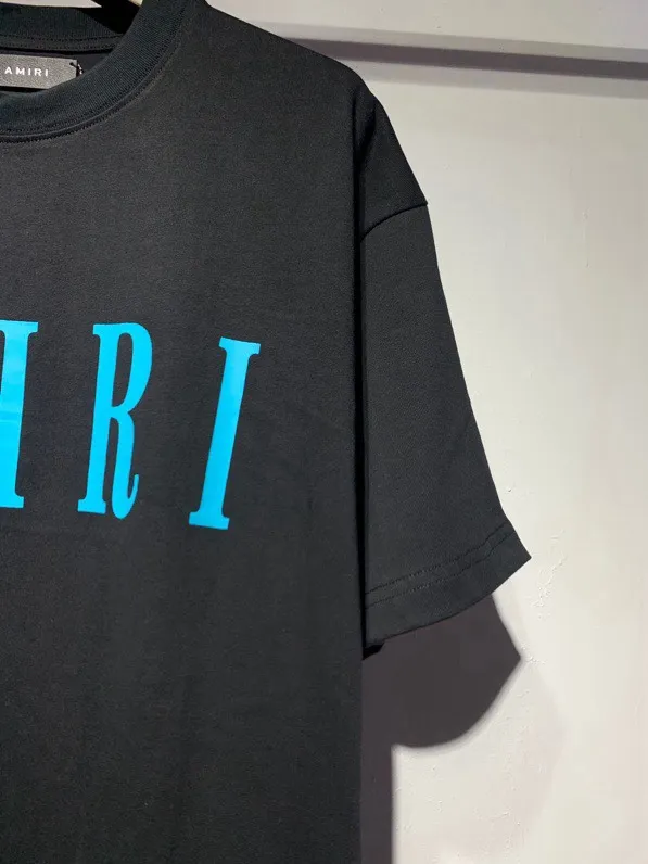 Model 661 P114 AMIRI real shot, black printed with blue letters, hanging S. M. L. XL