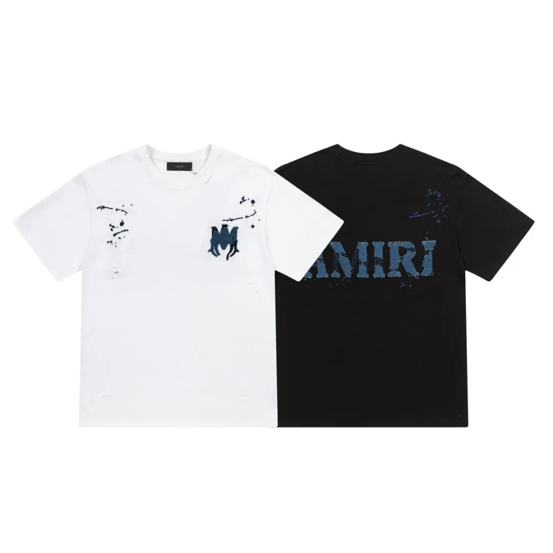 8020#P170amiri washed ripped denim patch with embroidered logo, made of 300g fabric, color: black, white. Size: S M L XL