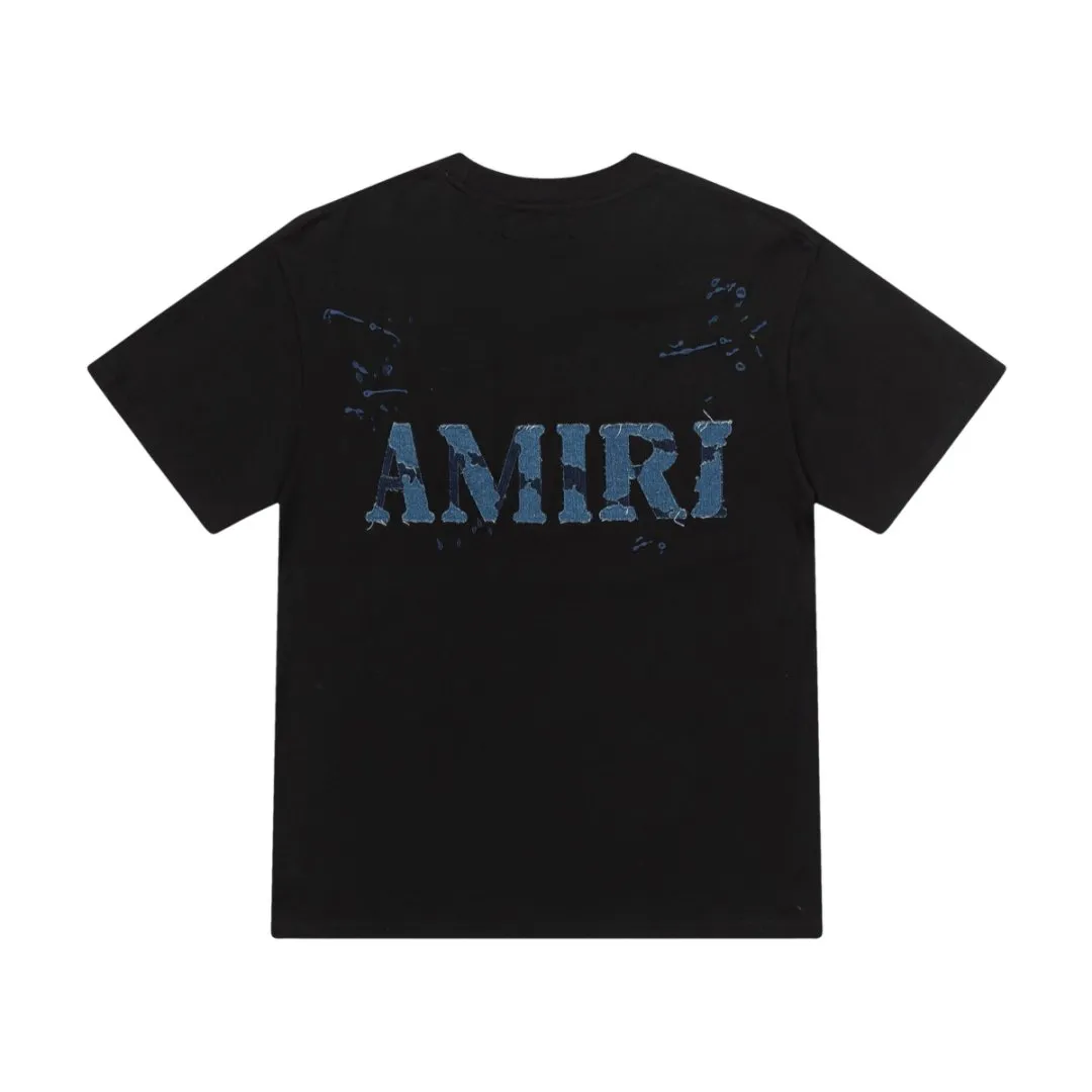 8020#P170amiri washed ripped denim patch with embroidered logo, made of 300g fabric, color: black, white. Size: S M L XL