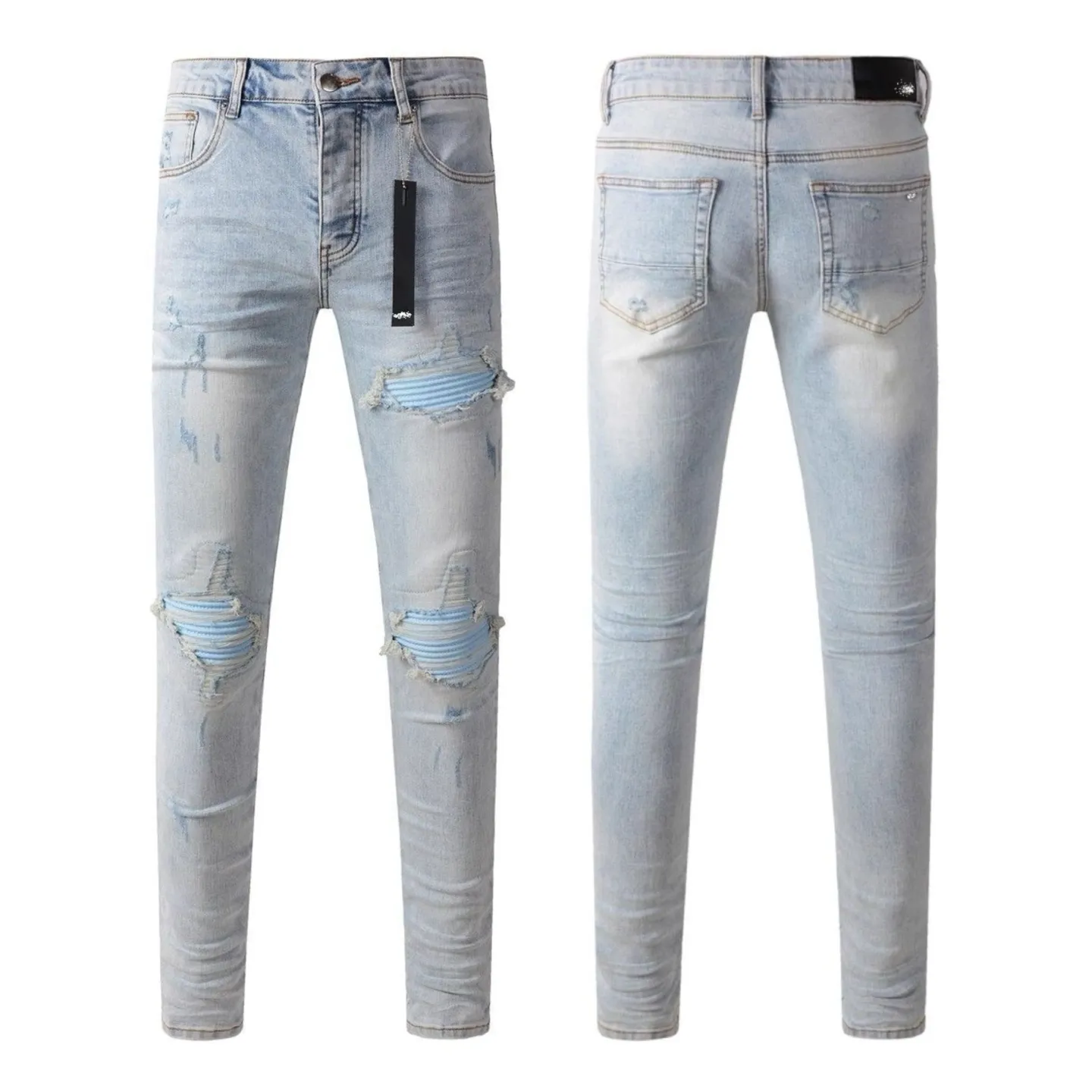 P220 💰 AMIRI patch embroidery jeans trousers AMIRI high street basic ripped tight elastic jeans trousers amiri brand jeans break the production process and cutting of the original jeans, the fabrics are softer and more comfortable Hand-sewn collar label Customized logo buttons Genuine leather tag Color: Picture color Size: 30-32-34-36