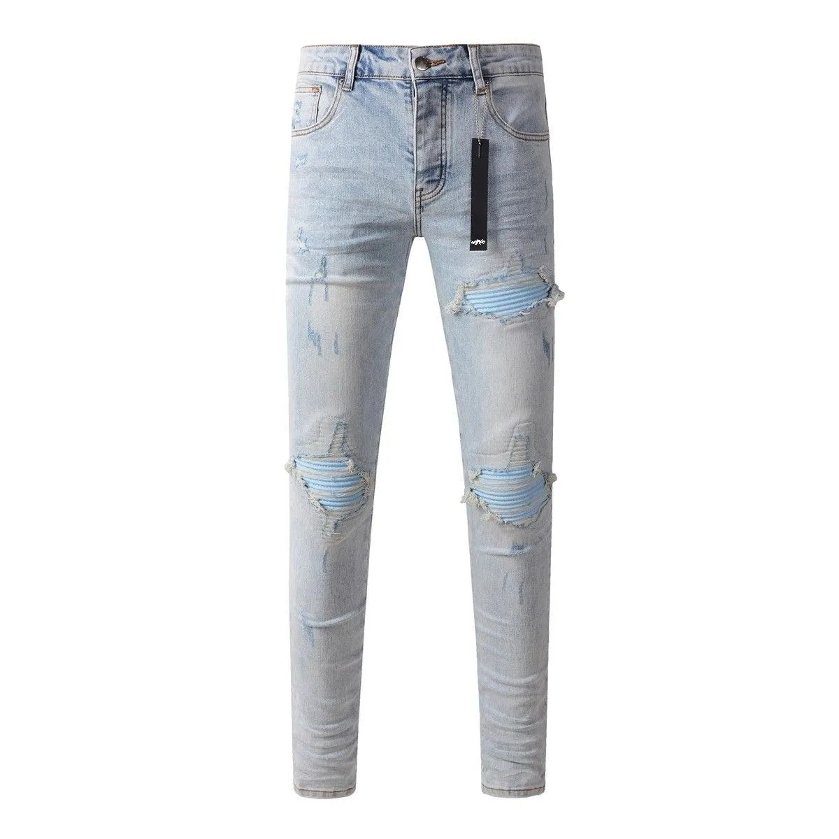 P220 💰 AMIRI patch embroidery jeans trousers AMIRI high street basic ripped tight elastic jeans trousers amiri brand jeans break the production process and cutting of the original jeans, the fabrics are softer and more comfortable Hand-sewn collar label Customized logo buttons Genuine leather tag Color: Picture color Size: 30-32-34-36
