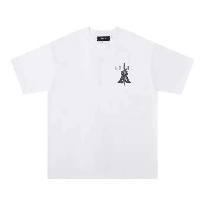 Style number: 667 P114 Fabric: 260g double yarn AMIRI 2025 spring and summer new logo round neck T-shirt high street men and women loose classic letter sword short sleeves Color: black white Size: S M L XL