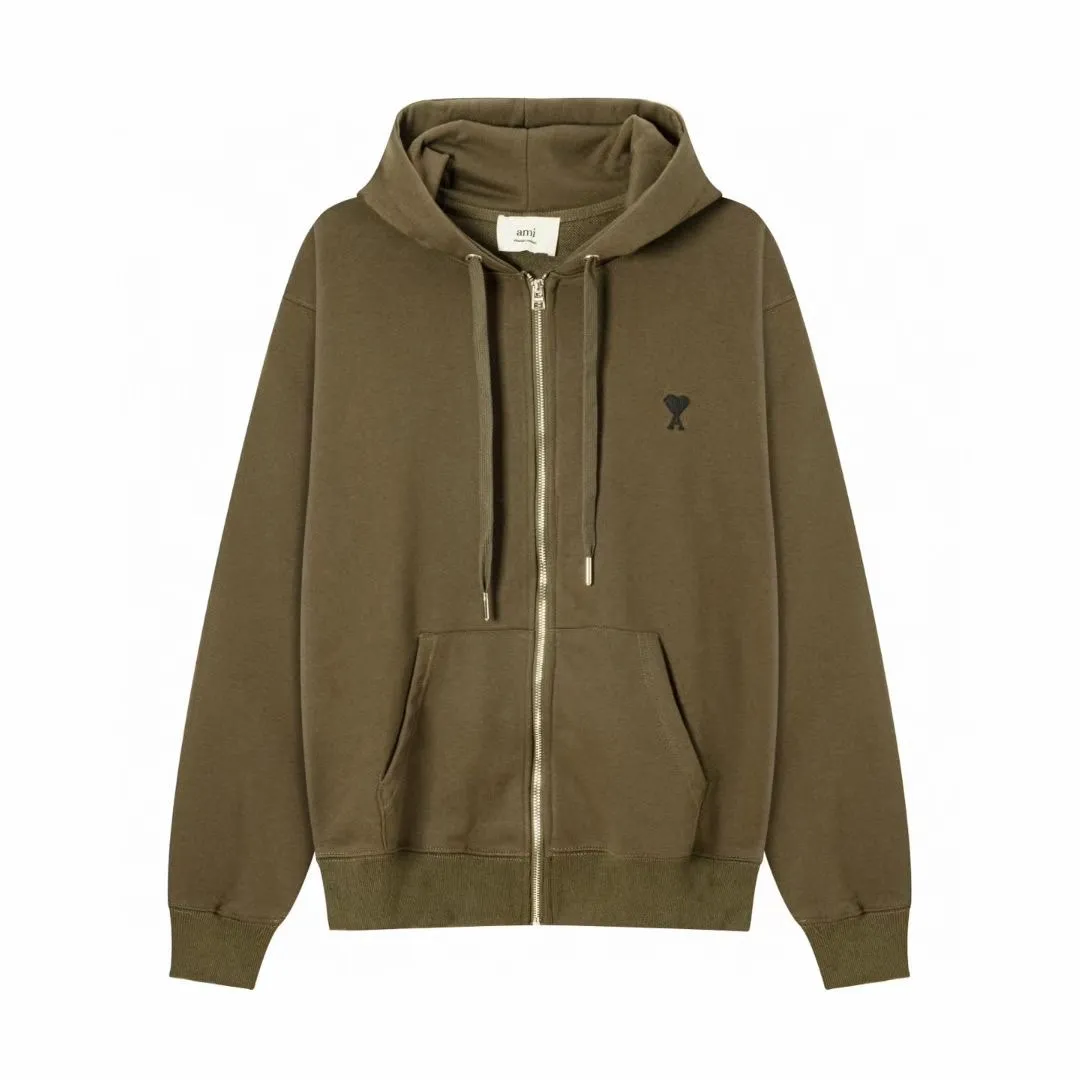 669# AMI Paris 2025 autumn and winter new product ADC small love embroidered hooded cardigan sweatshirt. Customized 360g pure cotton fabric. New main wheat. Washable wheat QR code can be scanned. Same style for men and women. Color: black, white, orchid, gray, light green, dark green. Size: S-XL