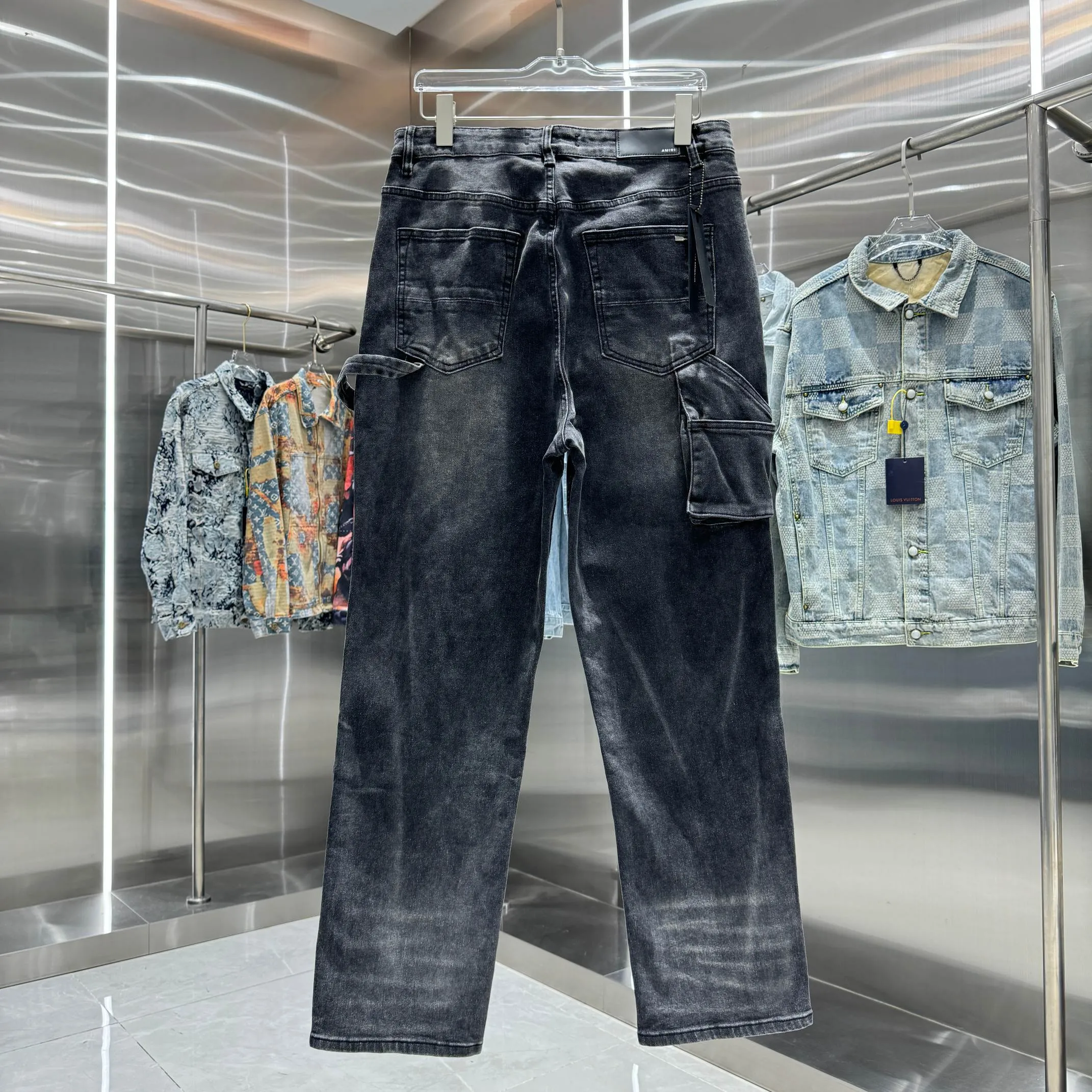 P300 Amiri heavy-duty washed workwear street fashion loose straight jeans Color Black Size 30 32 34 36 38