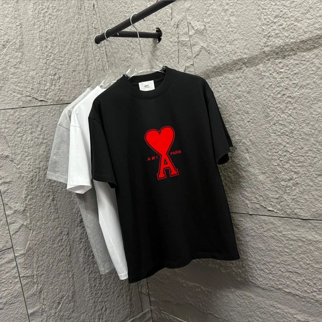 🅿️180 Ami* 2025 spring and summer new style Ami love letter red flocking Customized double yarn plain cotton fabric Short-sleeved T-shirt Uniform for men and women Color: black white floral gray Size: S (90-130 pounds) M (120-150 pounds) L (140-165 pounds) XL (160-180 pounds) XXL (180-210 pounds)