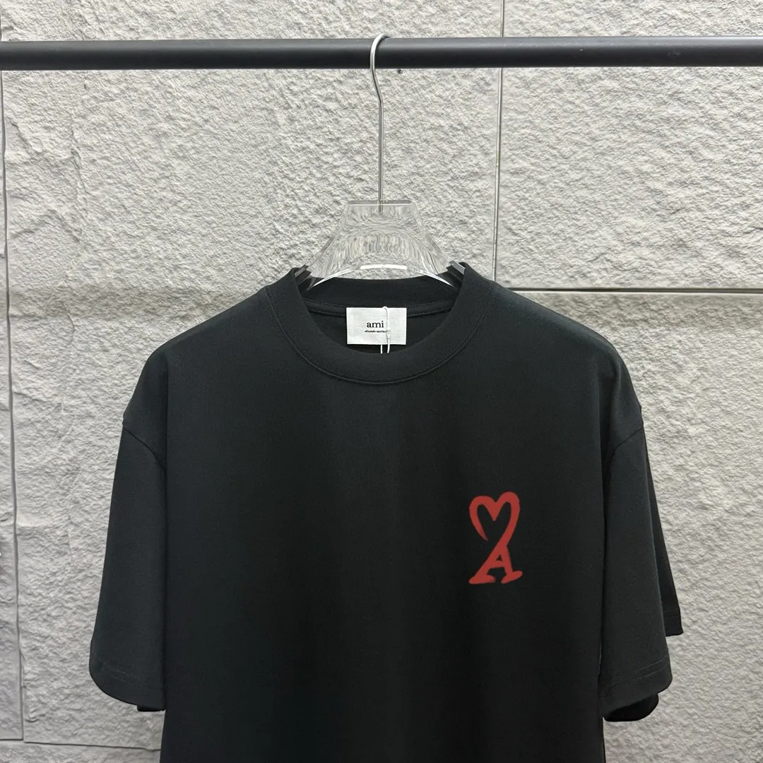 🅿️180 Ami* 2025 spring and summer new Ami rainbow love print Customized double yarn plain cotton fabric Short-sleeved T-shirt Unisex Color: Black White Floral Gray Angora Red Size: S (90-130 catties) M (120-150 catties) L (140-165 catties) XL (160-180 catties) XXL (180-210 pounds)