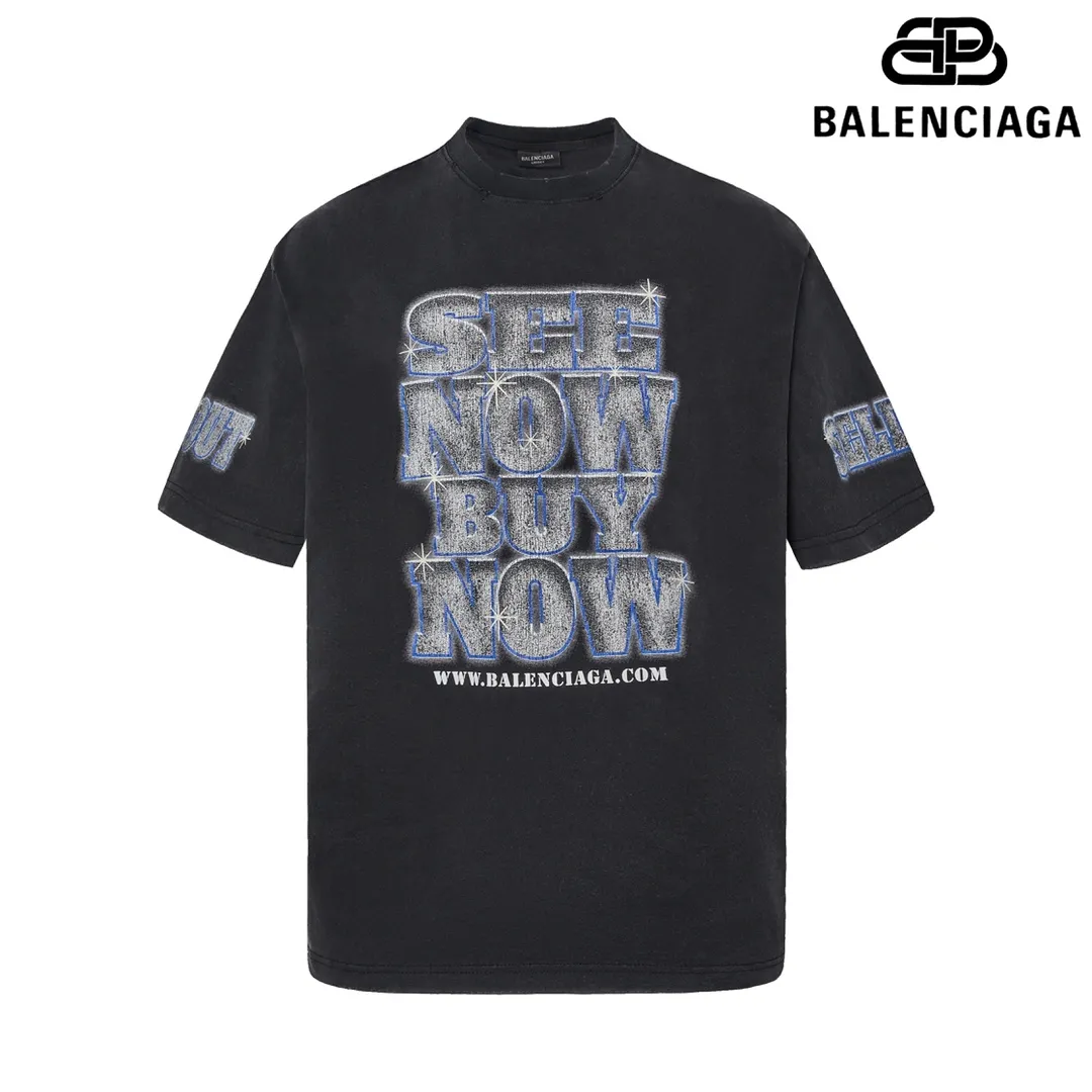 🅿️180 9126# Detailed picture Top version [[BALENCIA*GA] official website quality Paris new co-branded SEENOWBUYNOW diamond short-sleeved T-shirt OS version Loose dropped shoulders Unisex style Fabric: 260g 100% cotton double yarn Craftsmanship: front and rear panels left and right sleeve printing Garment wash worn distressed fixed color Color: washed black washed blue white Size: XS S M L