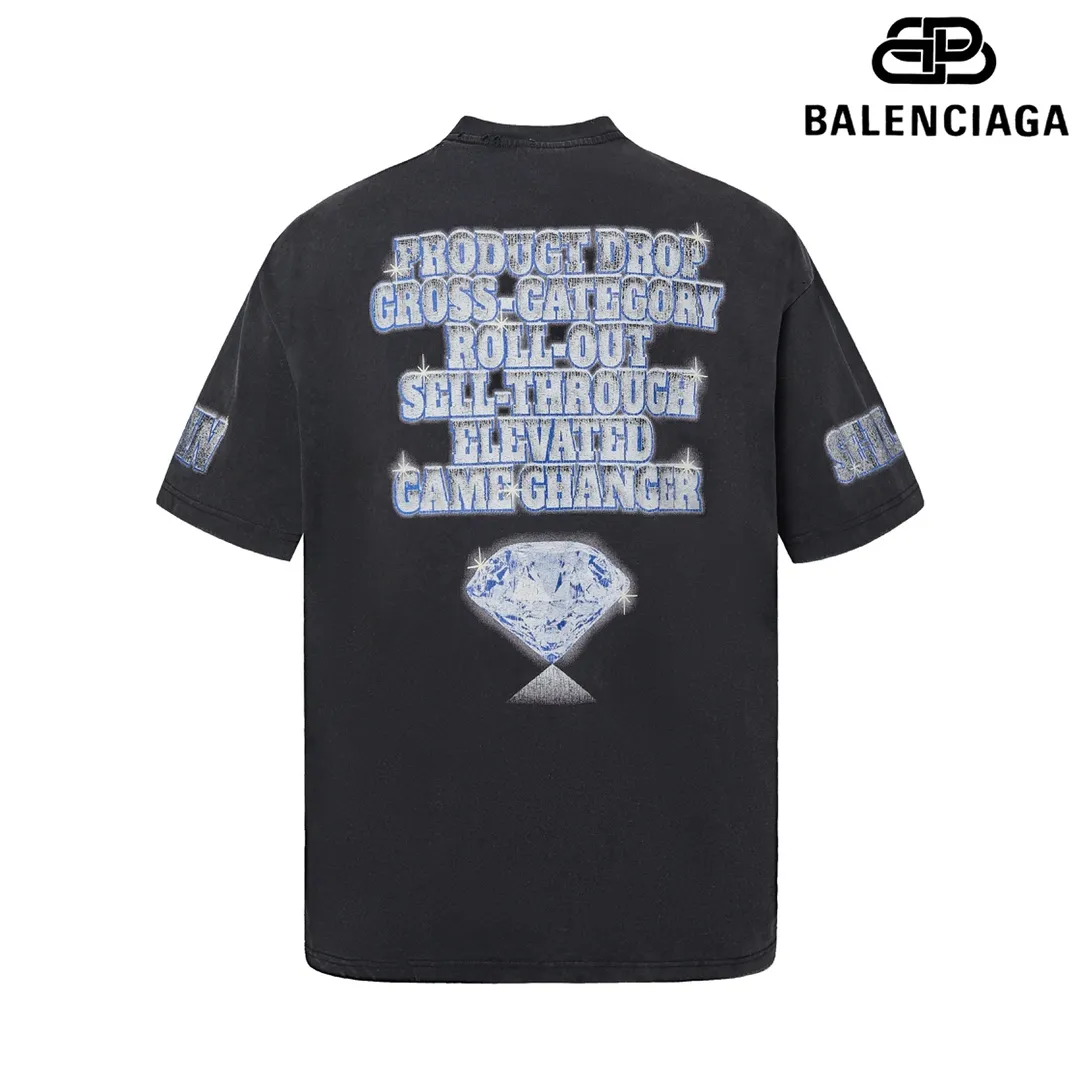 🅿️180 9126# Detailed picture Top version [[BALENCIA*GA] official website quality Paris new co-branded SEENOWBUYNOW diamond short-sleeved T-shirt OS version Loose dropped shoulders Unisex style Fabric: 260g 100% cotton double yarn Craftsmanship: front and rear panels left and right sleeve printing Garment wash worn distressed fixed color Color: washed black washed blue white Size: XS S M L