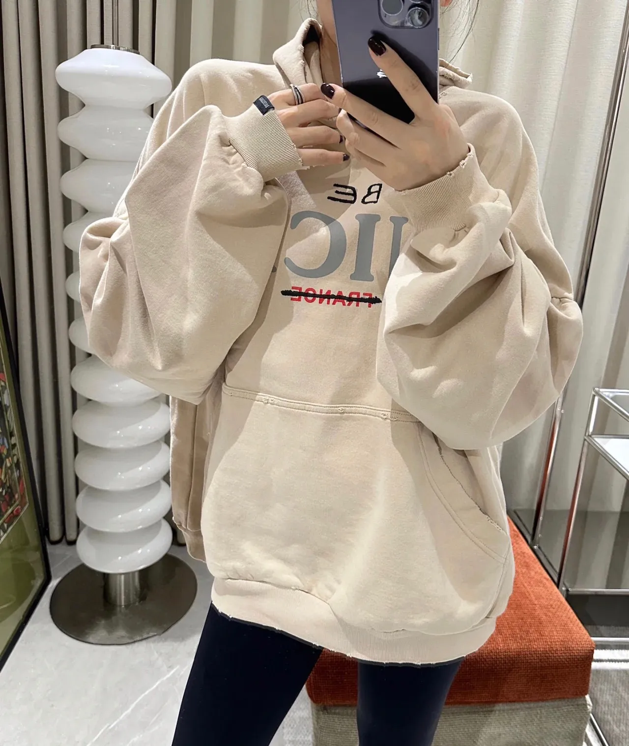 ♻️💯Reference model picture for the upper body❤️The top tested version weighs 520 grams 23FW Balenciaga BALENCIAGA NICE letters are aged and washed, loose and heavy, breaking the same style of pure cotton hooded hoodie sweatshirt for male and female couples stars. It will definitely attract attention when going out with couples style! Fashionable, relaxed and stylish, the atmosphere is instantly full! NICE printed letters have a very good meaning! The whole body adopts multiple destruction techniques, and it will definitely follow the pattern! Live broadcast artifact! The correct version has custom-woven embroidered auxiliary labels on the cuffs, which are double-sided. BALENCIAGA LOGO shows high-end temperament! Made of heavyweight 520g pure cotton fabric, 100% identical to the original! Custom woven and dyed, soft and comfortable, delicate and waxy to the touch, very comfortable on the upper body! The simple and fashionable round neck design is simple and extraordinary, and it is very eye-catching. The stitching is very smooth and delicate, with a certain degree of looseness. It is strong, stylish, washable, durable and will not deform easily after long-term wear!  Size: XS-L Color: Dark Blue Apricot P:390