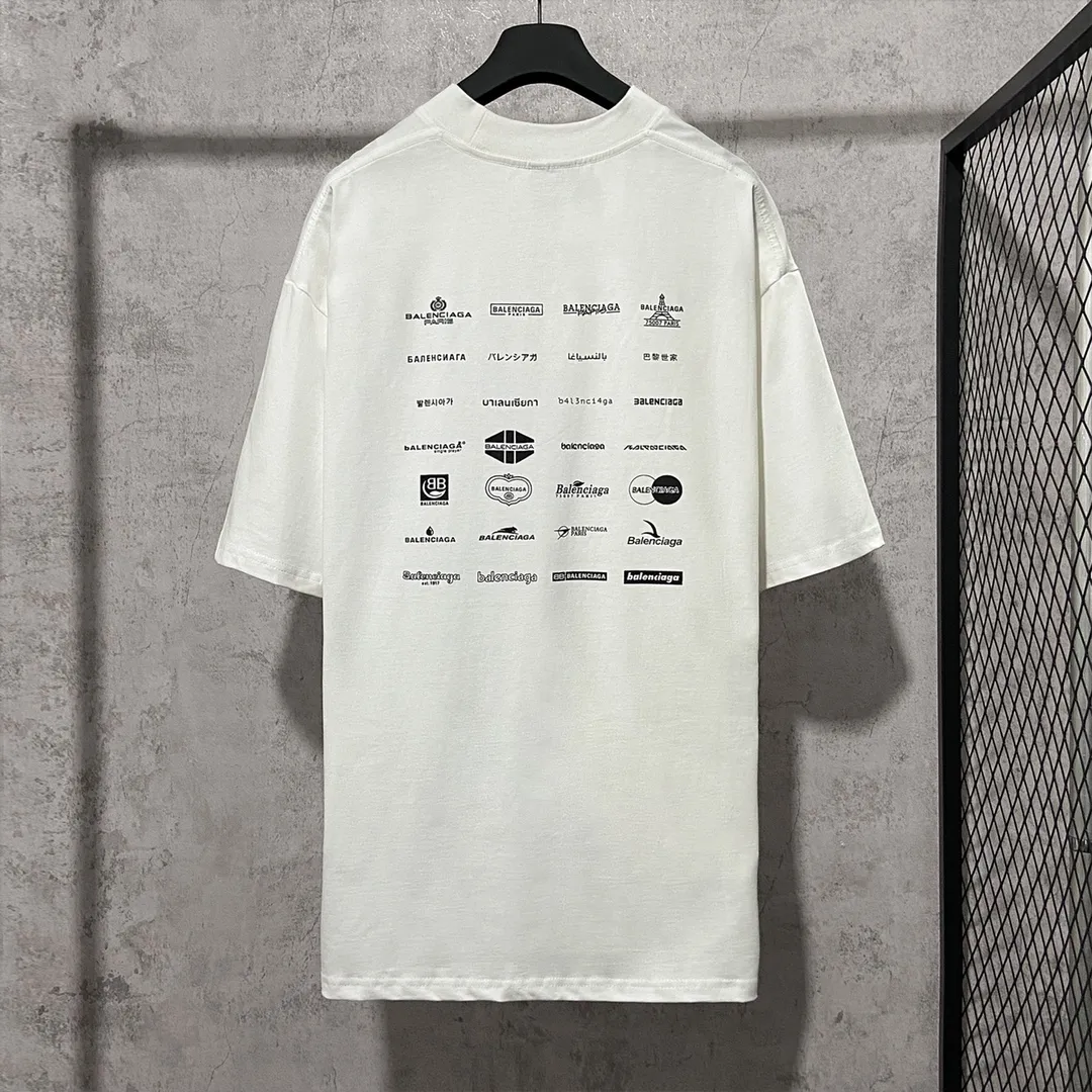 🅿️160 9137# Actual photo Top version [[BALENCIA*GA] official website quality Paris new classic LOGO past collection printed short-sleeved T-shirt OS version Loose shoulder Unisex fabric: 260 grams 100% cotton double yarn Technology: front and back printing Garment washing Shape solid color Color: black white Size: XS S M L