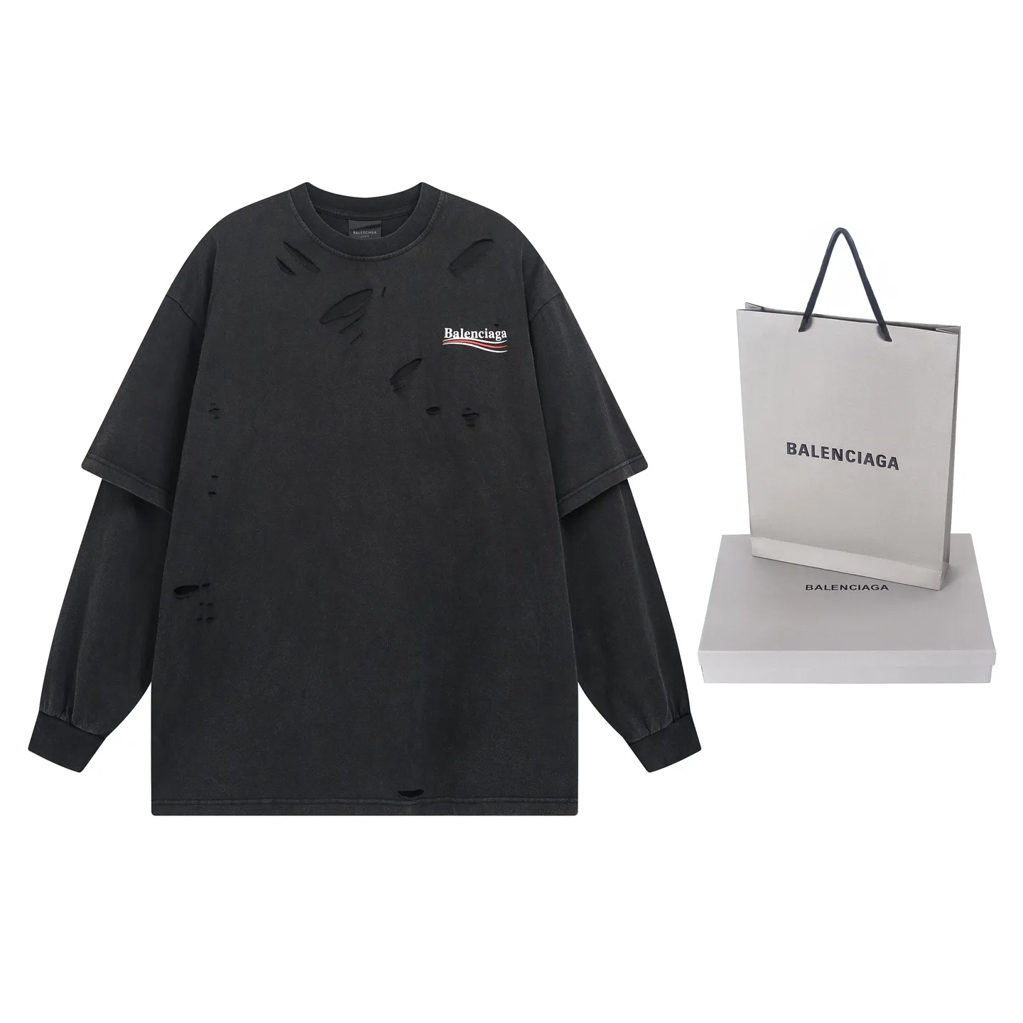 🅿️270 real photos [Top version. Official website quality] BALENCI*GA/Paris BALENCI*GA#25 new style, Coke letters classic LOGO printed on the chest and back, washed and worn two-piece long-sleeved T-shirt. Brick cabinet synchronization. Note! ️This model is a two-piece set. Wash water super heavy process. Welcome to compare. The fabric is made of Paris ZP custom-woven and dyed 100% cotton double-yarn compact cotton. The weight is 260 grams. The cloth surface is clean. The cloth pattern is clear. It is soft and comfortable. It has good color fastness and is not easy to change color. The threads are woven and dyed with no color difference. The printing uses imported environmentally friendly materials and the letters are three-dimensional. Comparisons welcome. Restore brick cabinet. The version adopts OS loose shoulder version. Same style for men and women. Code: BL255082 Color: washed black Size: XS S M L