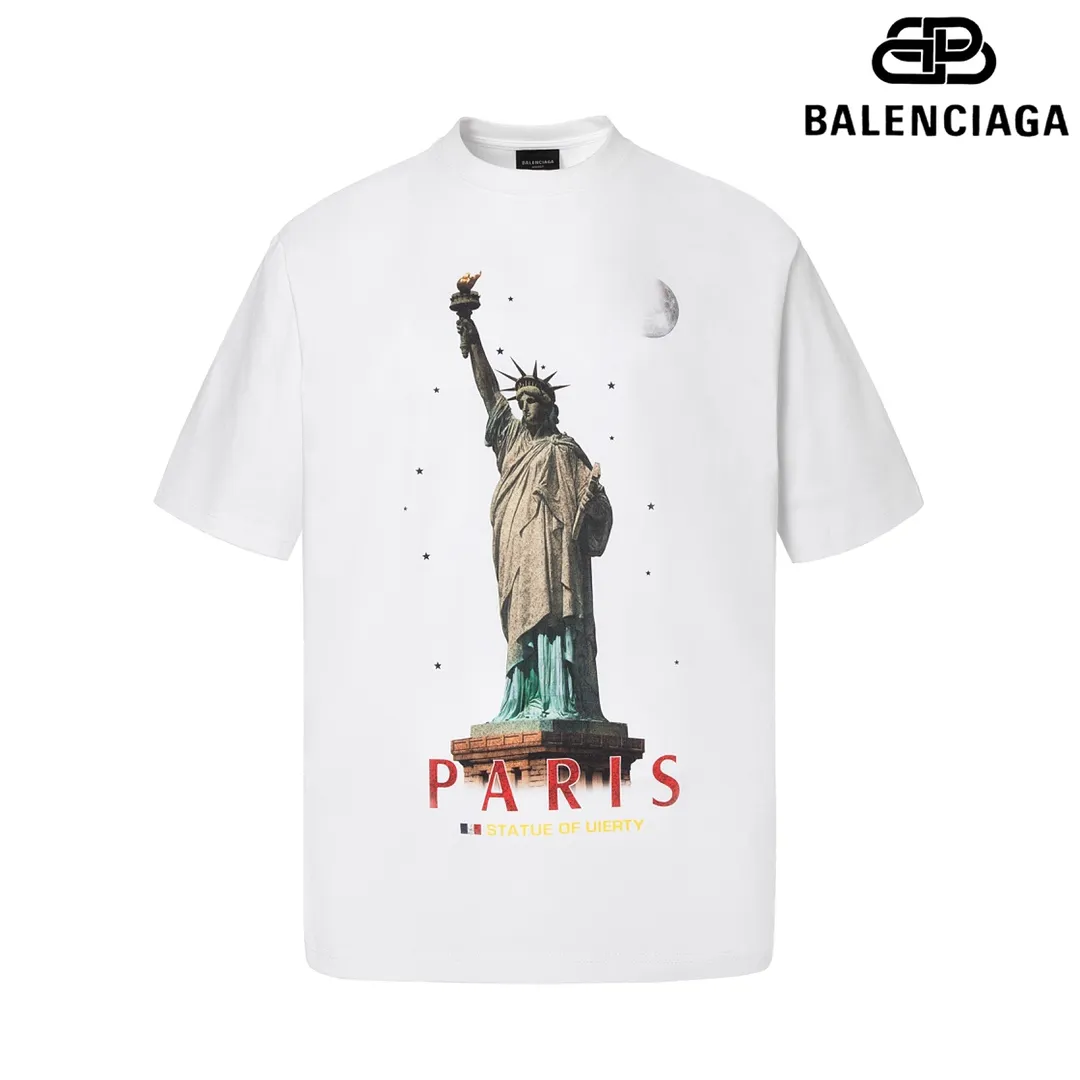 🅿️180 9112# Detailed picture Top version [[BALENCIA*GA] official website quality Paris new Statue of Liberty catwalk style short-sleeved T-shirt OS version loose dropped shoulders Unisex fabric: 260g 100% cotton double yarn Technology: front digital direct printing Garment wash worn distressed fixed color Color: washed black white Size: XS S M L