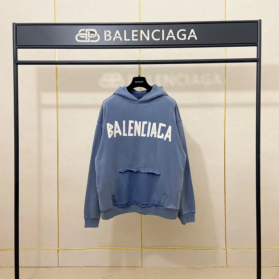 🅿️330 7153# Actual pictures Top version [BALENCIA*GA] Official website quality Paris's new yellow tape series hooded sweatshirt OS version Loose dropped shoulders Unisex style Fabric: 480g 100% cotton terry sweatshirt Technology: Front and back digital direct printing Garment wash Worn Old Shape Solid color Color: Washed black Gray blue Washed blue Size: XS S M L