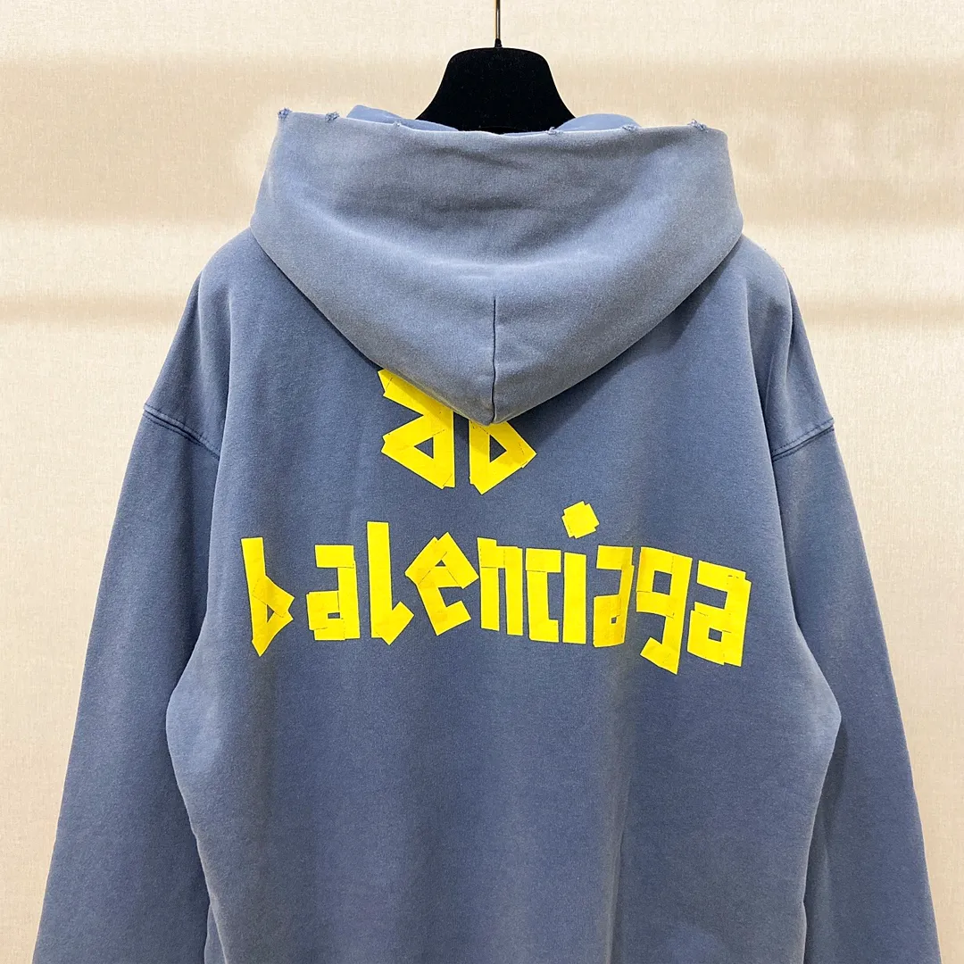 🅿️330 7153# Actual pictures Top version [BALENCIA*GA] Official website quality Paris's new yellow tape series hooded sweatshirt OS version Loose dropped shoulders Unisex style Fabric: 480g 100% cotton terry sweatshirt Technology: Front and back digital direct printing Garment wash Worn Old Shape Solid color Color: Washed black Gray blue Washed blue Size: XS S M L