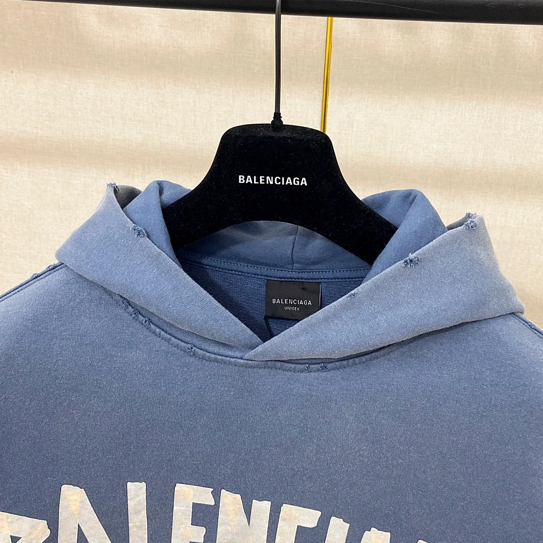 🅿️330 7153# Actual pictures Top version [BALENCIA*GA] Official website quality Paris's new yellow tape series hooded sweatshirt OS version Loose dropped shoulders Unisex style Fabric: 480g 100% cotton terry sweatshirt Technology: Front and back digital direct printing Garment wash Worn Old Shape Solid color Color: Washed black Gray blue Washed blue Size: XS S M L