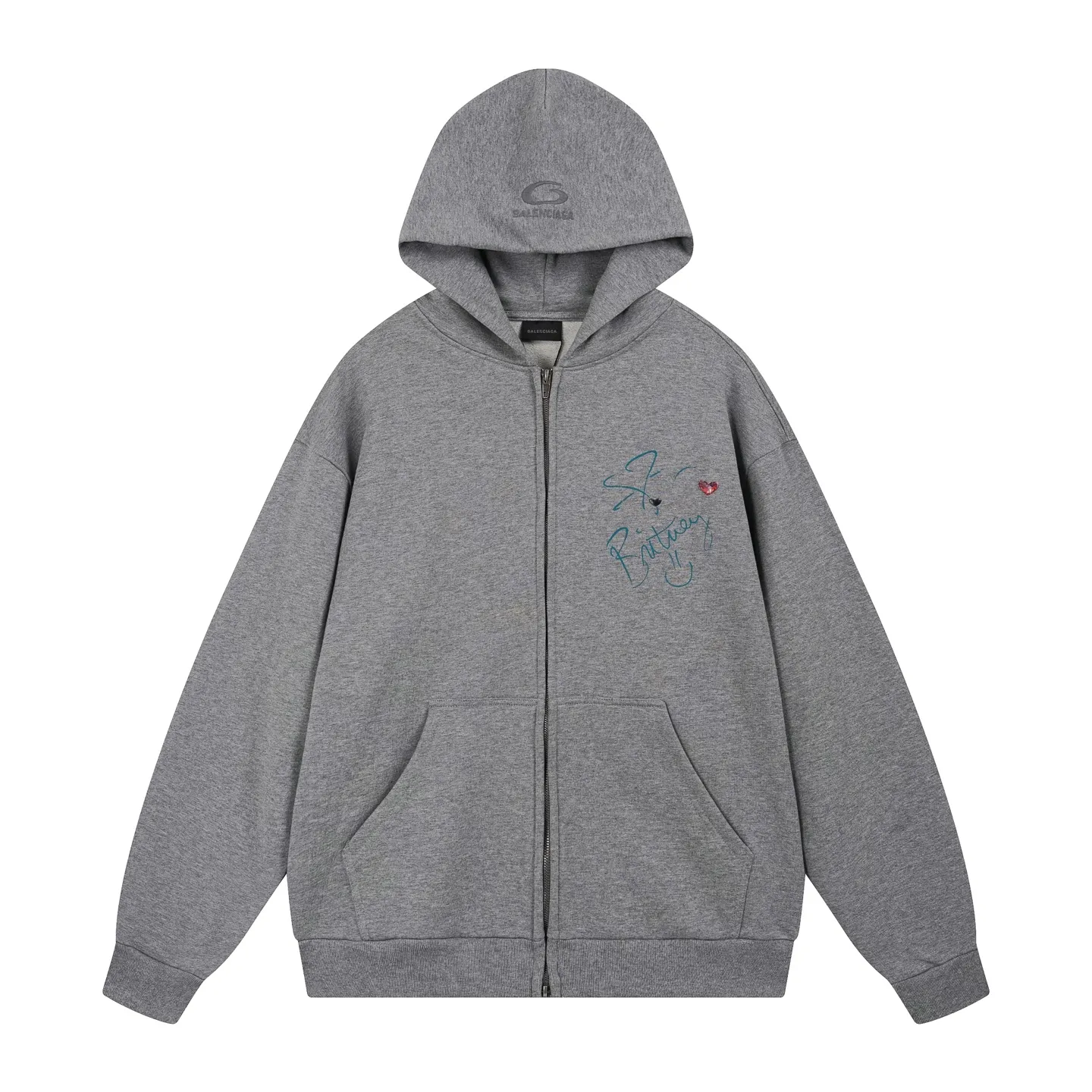 🅿️400 real photos [Top version. Official website quality] BALENCI*GA/26 new model. Balenciaga Music |Britney Series limited edition music collaboration series, front and back direct-print printing, embroidered hat, zipper hooded cardigan and sweatshirt, SS26 latest style. Research and development at the first time, different market currencies. Comparisons welcome. The fabric is made of Paris ZP custom-woven and dyed cotton sweatshirt, with a weight of 460 grams. The cloth surface is clean. The cloth pattern is clear, soft and comfortable. The threads are dyed with no color difference. Printing adopts computer direct printing. The embroidery is done using imported Tajima embroidery machines. Jubie market currency. Welcome to compare. The version adopts OS loose shoulder design. Same style for men and women. Code: BL259958 Color: Gray Size: XS S M L