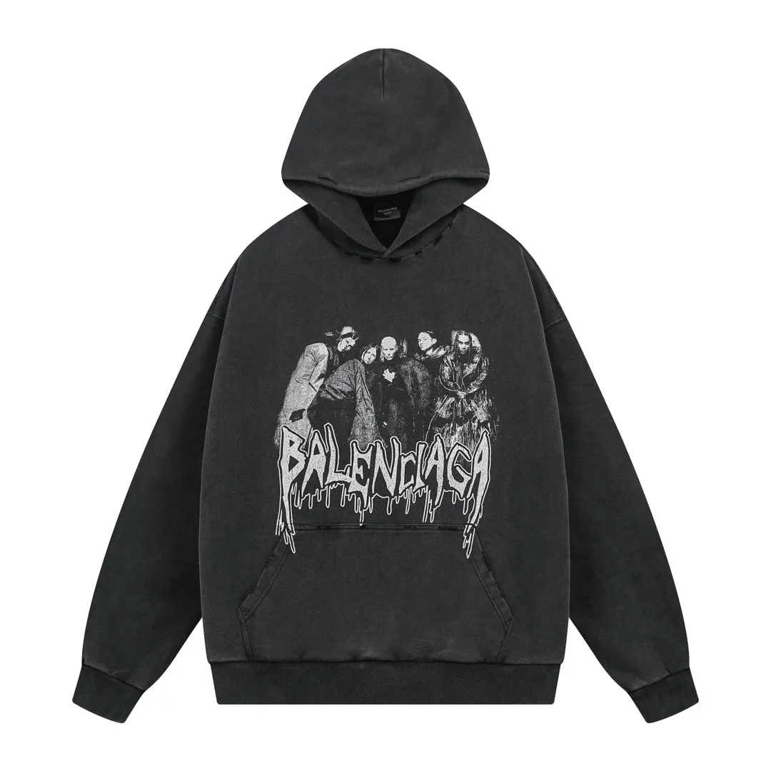 🅿️320 real photos [Top version. Official website quality] BALENCI*GA/Paris. 53rd season Balenciaga New. Vintage high-end limited edition joint hooded sweatshirt. The pattern on the front is damaged by the direct-injection printing. The ready-made garments are washed and worn. SS24 new model. Brick cabinet synchronization. Genuine product developed at the first time, please print and compare! The fabric is made of Paris ZP custom-woven and dyed cotton sweatshirt. Weighing 460 grams, the cloth surface is clean. The cloth pattern is clear, soft and comfortable. The threads are dyed with no color difference. The printing uses environmentally friendly imported materials and self-inking direct injection. The pattern letters are clear and the effect is three-dimensional. The entire garment is washed, distressed and worn. The version adopts OS loose shoulder design. Same style for men and women. Code: BL238935 Color: washed black Size: XS S M L