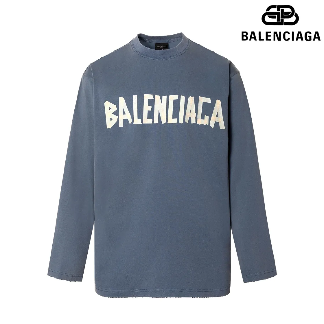 🅿️200 8110# Detailed picture Top version [[BALENCIA*GA] Official website quality Paris new classic yellow tape digital direct spray long-sleeved T-shirt OS version Loose dropped shoulders Unisex style Fabric: 280 grams 100% cotton double yarn (three washing processes) Process: Front and rear digital direct spray Garment wash Frayed Distressed Shape solid color Color: gray blue black white wash blue Burgundy Green Size: XS S M L