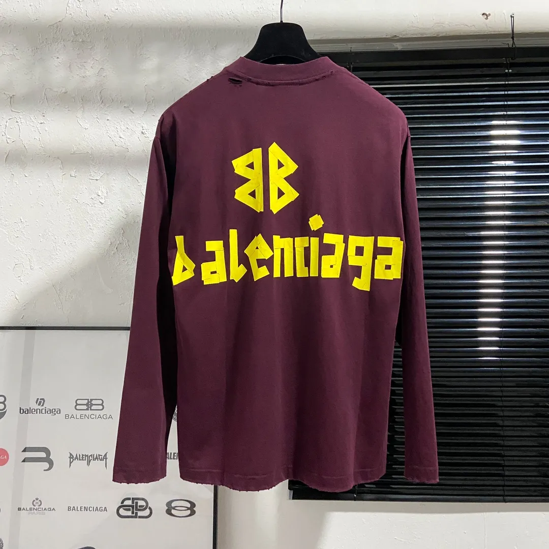 🅿️200 8110# real shot top version [[BALENCIA*GA] official website quality Paris new yellow tape digital direct spray long-sleeved T-shirt OS version loose dropped shoulders Unisex fabric: 260g 100% cotton double yarn Process: front and rear digital direct spray Garment wash worn distressed fixed color Color: gray blue black white washed blue wine red green Size: XS S M L