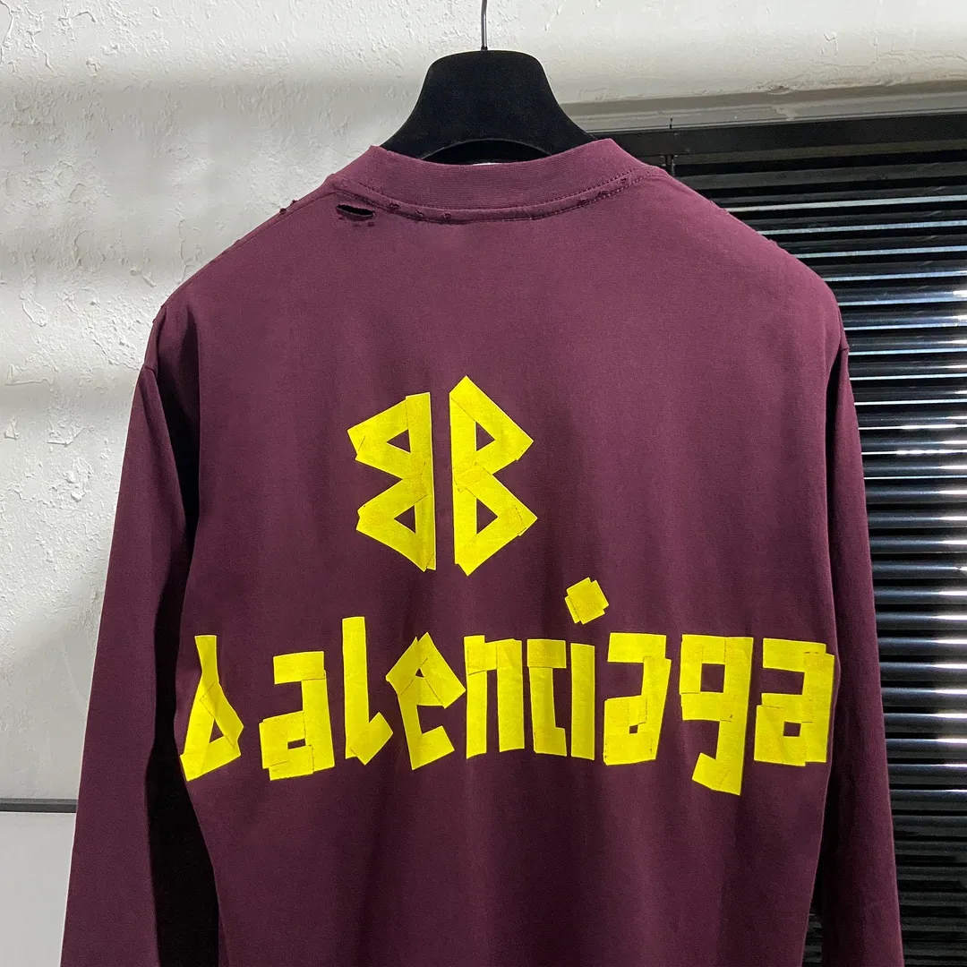 🅿️200 8110# real shot top version [[BALENCIA*GA] official website quality Paris new yellow tape digital direct spray long-sleeved T-shirt OS version loose dropped shoulders Unisex fabric: 260g 100% cotton double yarn Process: front and rear digital direct spray Garment wash worn distressed fixed color Color: gray blue black white washed blue wine red green Size: XS S M L