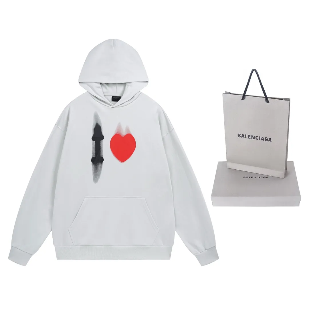 🅿️310 Detailed picture [Top version. Official website quality] BALENCI*GA/Paris BALENCI*GA#Valentine's Day. Limited to the latest model, 520 love printed ribbed embroidery LOGO hooded sweatshirt on the back. Brick cabinet synchronization. The fabric is made of Paris ZP custom-woven and dyed cotton double yarn large sweatshirt. The weight is 450 grams, the cloth surface is clean. The cloth texture is clear. Soft and comfortable. The color fastness is good. It is not easy to change color. The threads are woven and dyed with no color difference. The printing is done by computer direct printing, with ribbed embroidery on the back for a three-dimensional effect. The version adopts OS loose shoulder style. Same style for men and women. Code: BL238028 Color: washed black, off-white. Size: XS S M L