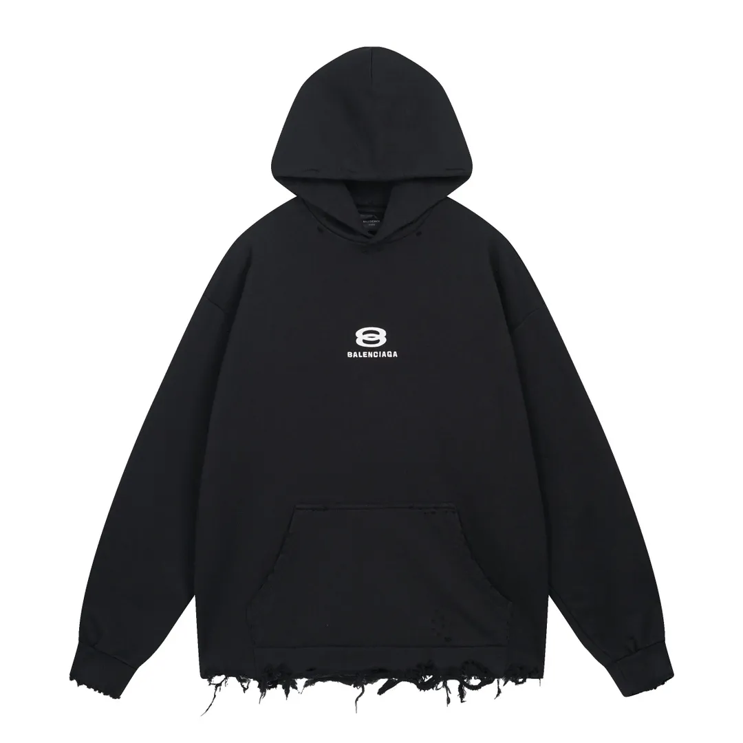 🅿️350 real photos [Top version. Official website quality] BALENCI*GA/Paris BALENCI*GA# New model, double-ring LOGO classic embroidery, water-worn and damaged distressed hooded sweatshirt. Brick cabinet synchronization. The worn and worn ZP is the same, welcome to compare. The fabric is made of Paris ZP custom-woven and dyed cotton terry Davidson. The weight is 460 grams. The cloth surface is clean. The cloth pattern is clear. Soft and comfortable. The color fastness is good. It is not easy to change color. The threads are woven and dyed with no color difference. The embroidery uses a Tajima embroidery machine, the letters are three-dimensional, and the ready-made garments are washed, worn and worn, and are extremely heavy-duty. Jubie market makes goods based on pictures. Comparisons welcome. Restore brick cabinet. The version adopts OS loose shoulder style. Same style for men and women. Code: BL238939 Color: Black Size: XS S M L