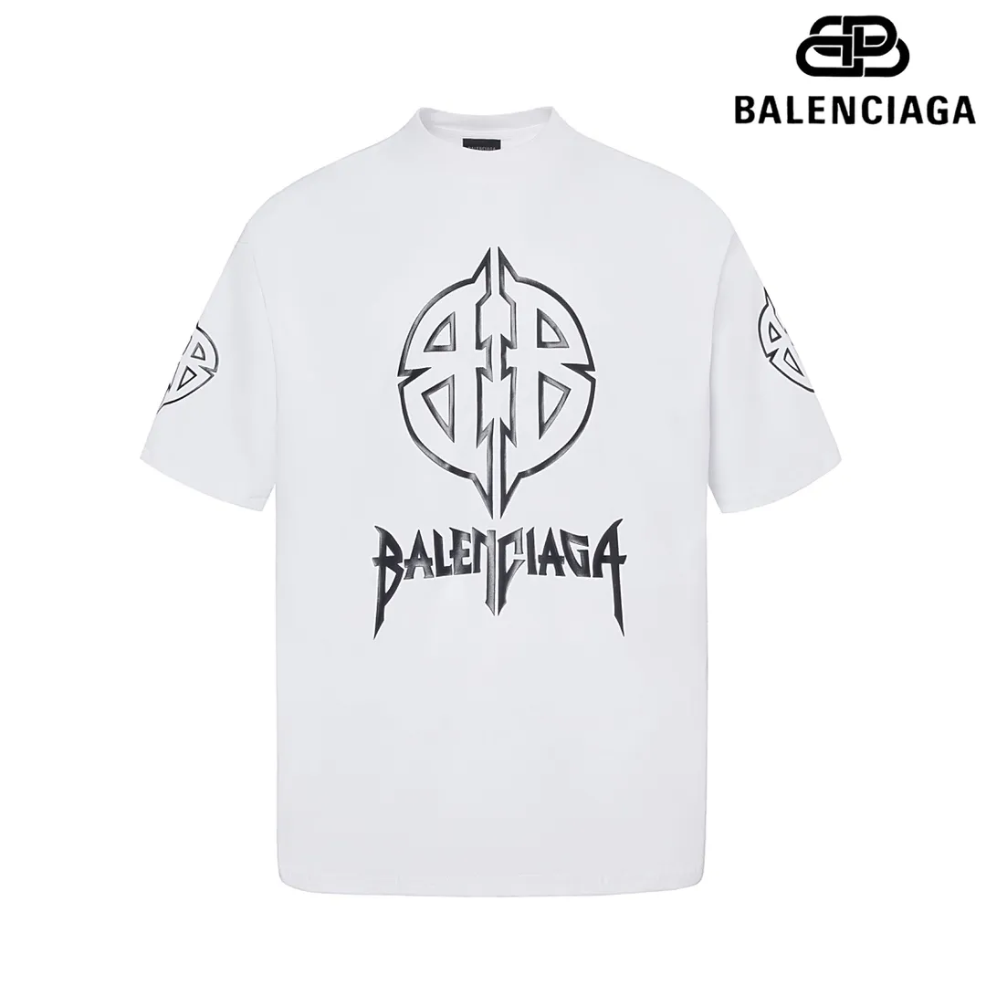🅿️160 9103# Detailed picture Top version [[BALENCIA*GA] Official website quality Paris new classic letter LOGO printed short-sleeved T-shirt OS version Loose dropped shoulders Unisex style Fabric: 260 grams 100% cotton double yarn Technology: Front and rear panels left and right sleeve printing Garment wash Shape solid Color: Gray blue White Size: XS S M L