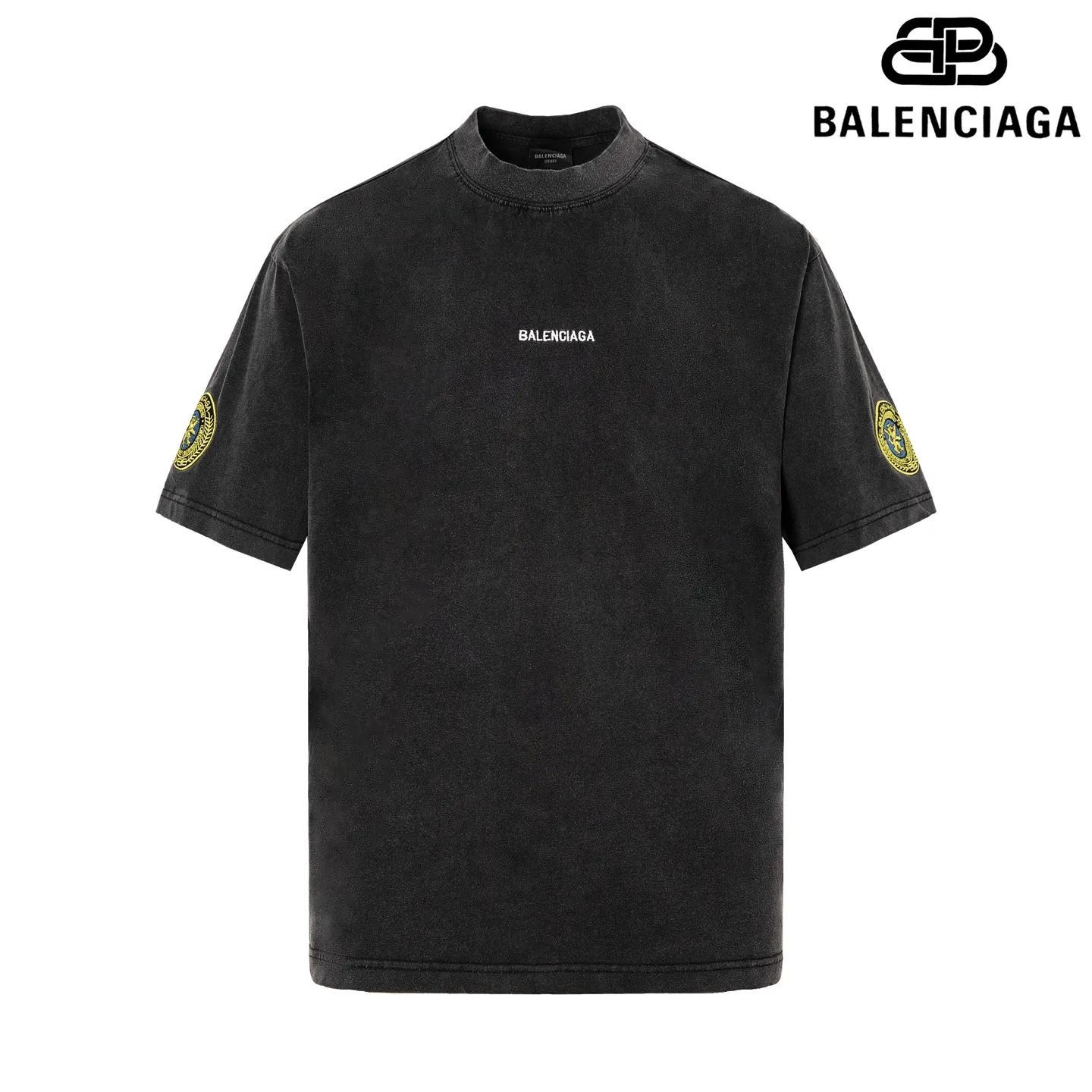 🅿️190 9210# Detailed picture Top version [[BALENCIA*GA] official website quality Paris new classic chest letter LOGO embroidered left and right sleeve badge embroidered short-sleeved T-shirt OS version loose dropped shoulders Unisex fabric: 260g 100% cotton double yarn Process: embroidery on the front left and right sleeves Garment washed distressed shaping solid color Color: washed black Size: XS S M L