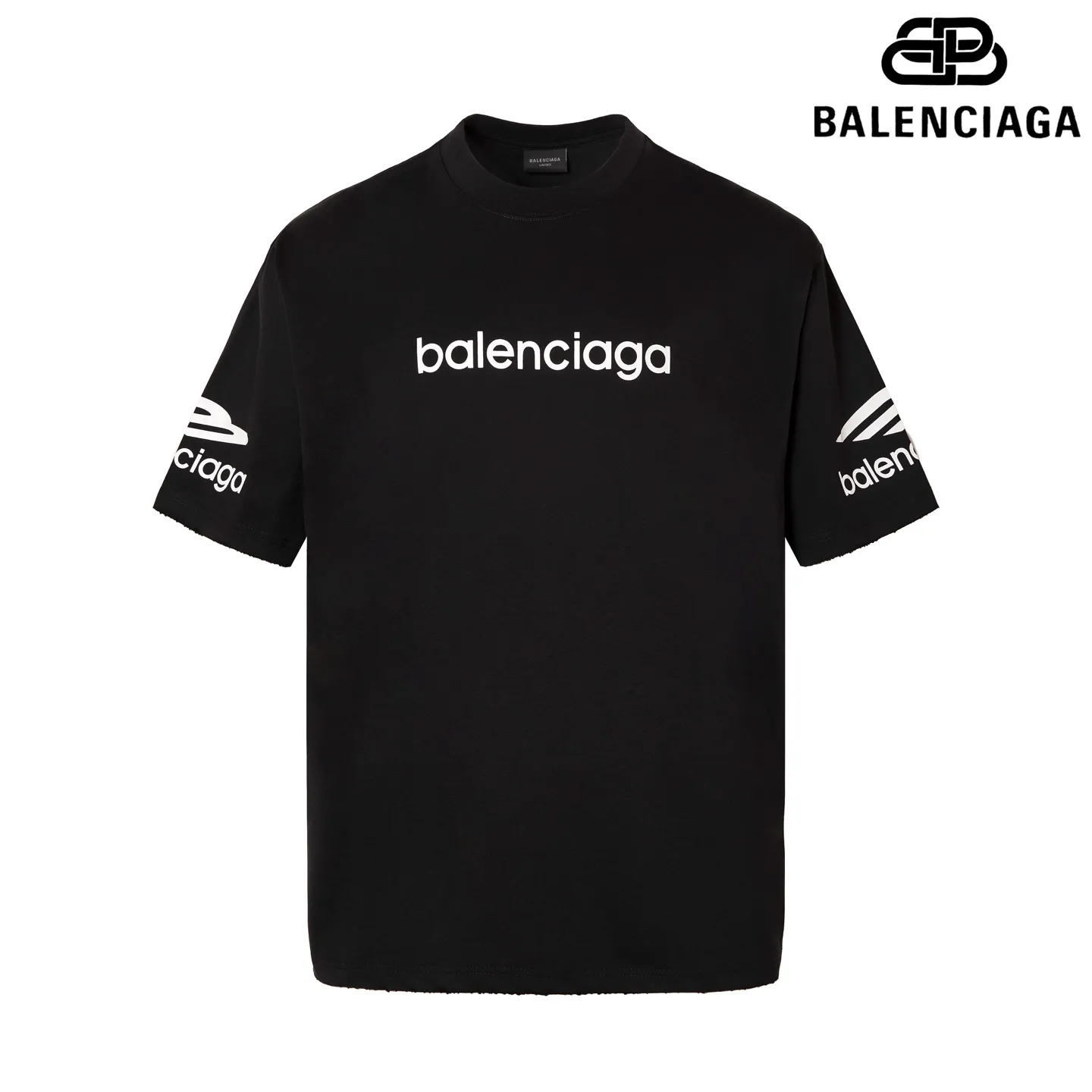 🅿️170 9187# Detailed picture Top version [[BALENCIA*GA] official website quality Paris new ski series 3M artistic letter LOGO printed short-sleeved T-shirt OS version loose dropped shoulders Unisex style Fabric: 260 grams 100% cotton double yarn Technology: front and rear panels left and right sleeve printing Garment wash spray painting worn distressed shaping solid color Color: black white Red (red has different craftsmanship and different prices) Size: XS S M L