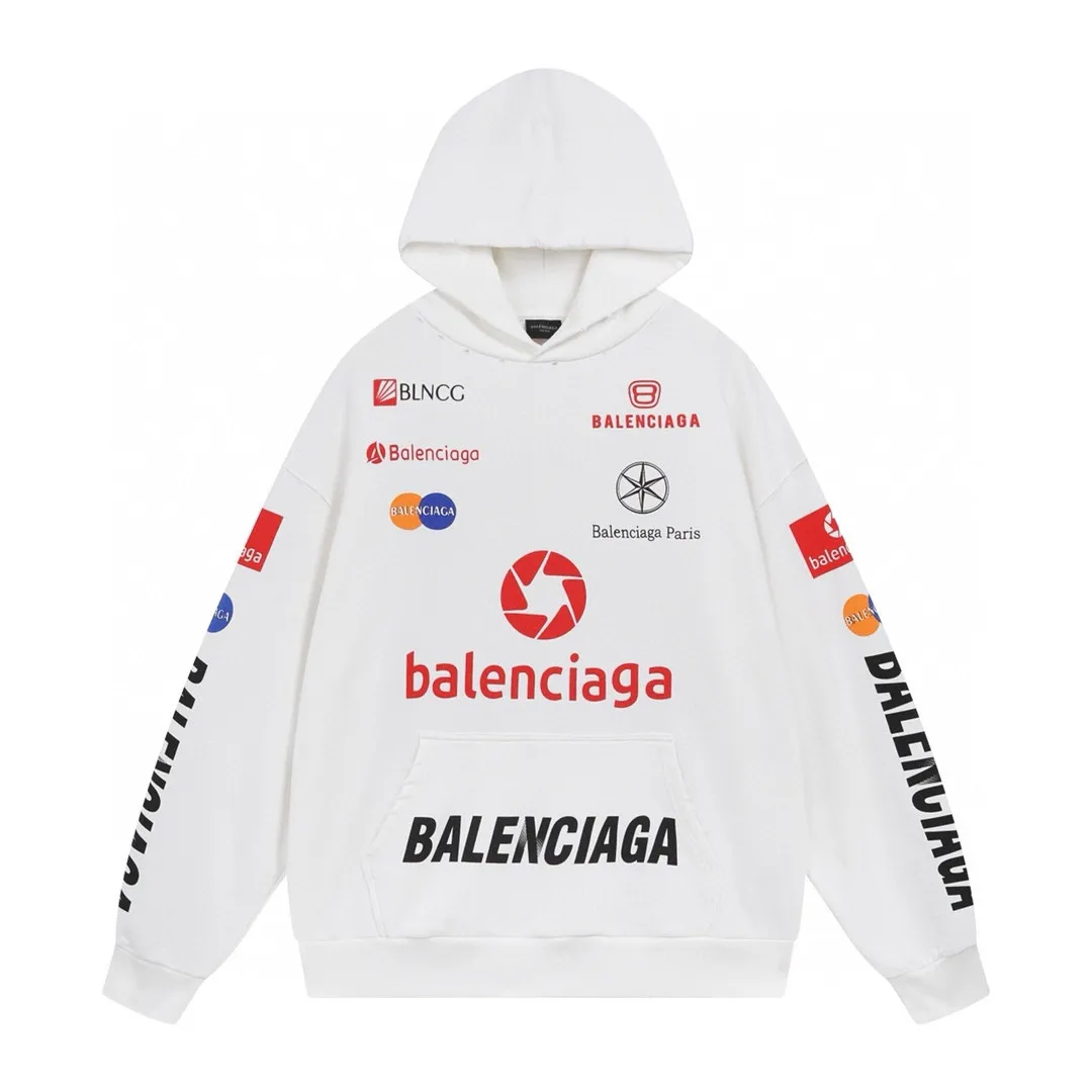 🅿️320 real photos [Top version. Official website quality] BALENCI*GA/Paris BALENCI*GA#2024 latest model, many classic full LOGO racing suits printed ready-to-wear worn hooded sweatshirts and brick cabinets synchronized. Genuine products are developed and developed in the first time. Welcome to compare! The fabric is made of Paris ZP custom-woven and dyed cotton sweatshirt. The weight is 450 grams. The cloth surface is clean. The cloth pattern is clear. It is soft and comfortable. It has good color fastness and is not easy to change color. The threads are woven and dyed with no color difference. The printing is done by computer direct printing, with a three-dimensional effect. The garments are distressed and worn, with ultra-high craftsmanship. The version adopts the OS loose shoulder style. Same style for men and women. Coding: BL238009 Color: white, dark blue gray Size: XS S M L